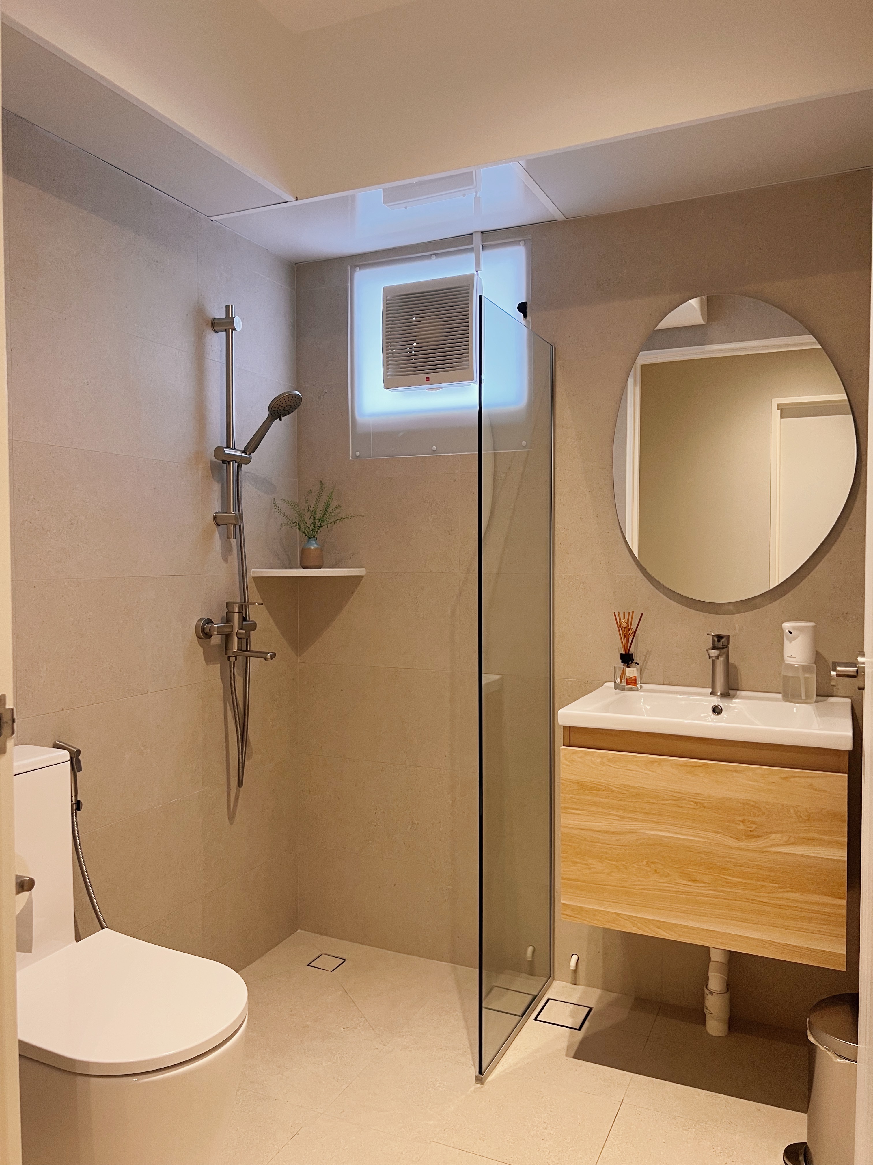 Entering a state of relaxation in our bathrooms - Modern minimalist bathroom, sleek design, beige tiles, contemporary
