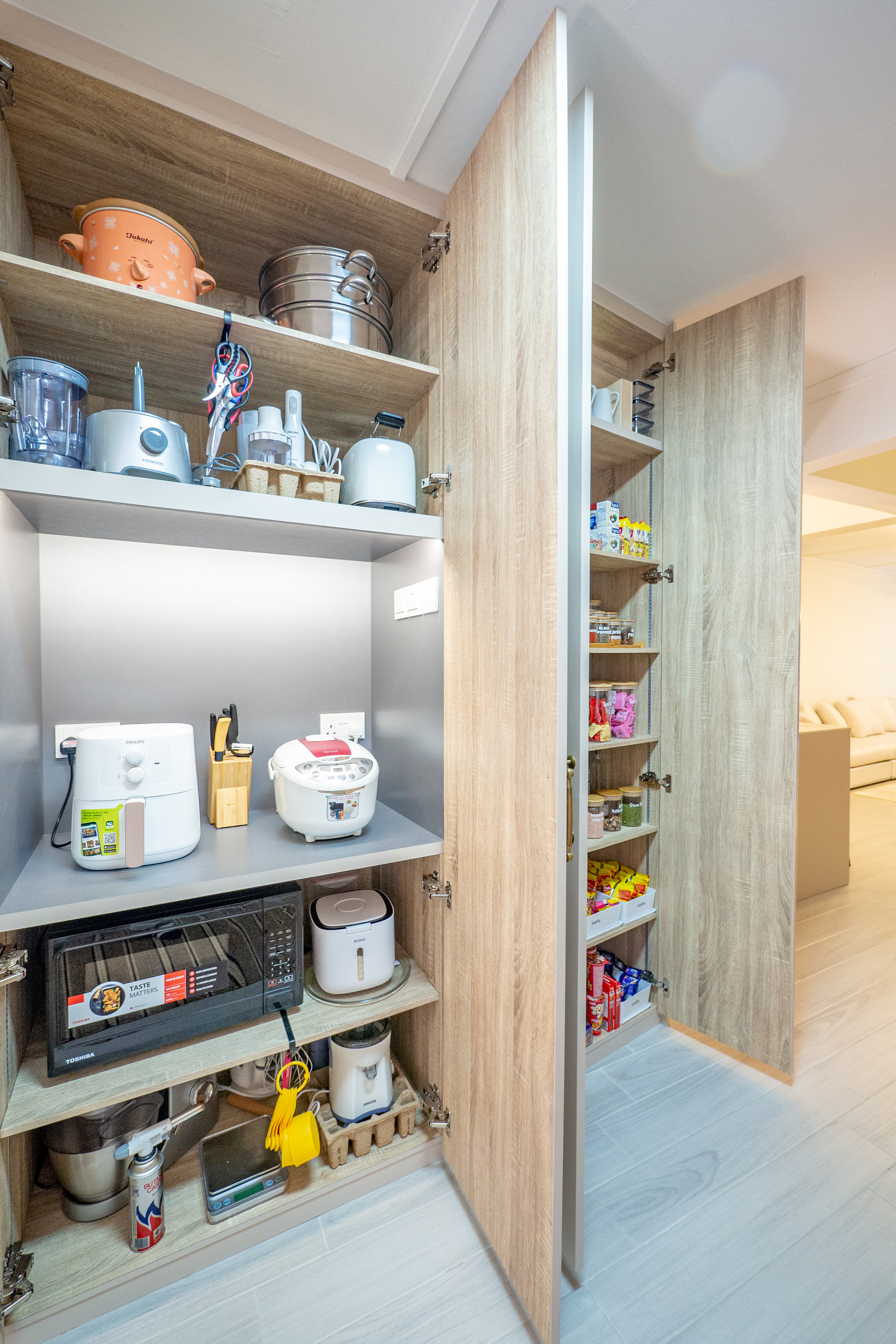 Fusing Aesthetics & Function For All Your Kitchen Storage Needs  - Wooden kitchen cabinets, open shelves, rice cooker