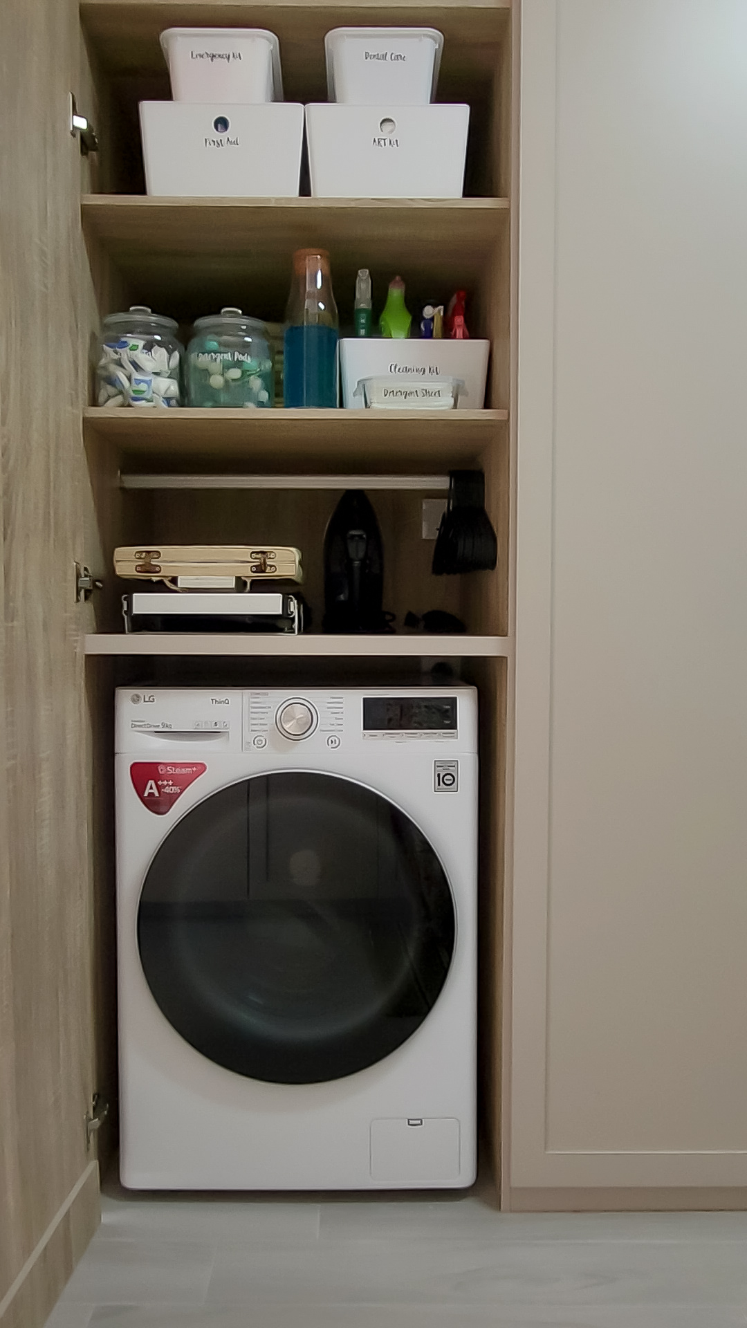 Fusing Aesthetics & Function For All Your Kitchen Storage Needs  - Washing machine, front-loading, white LG model, built-in