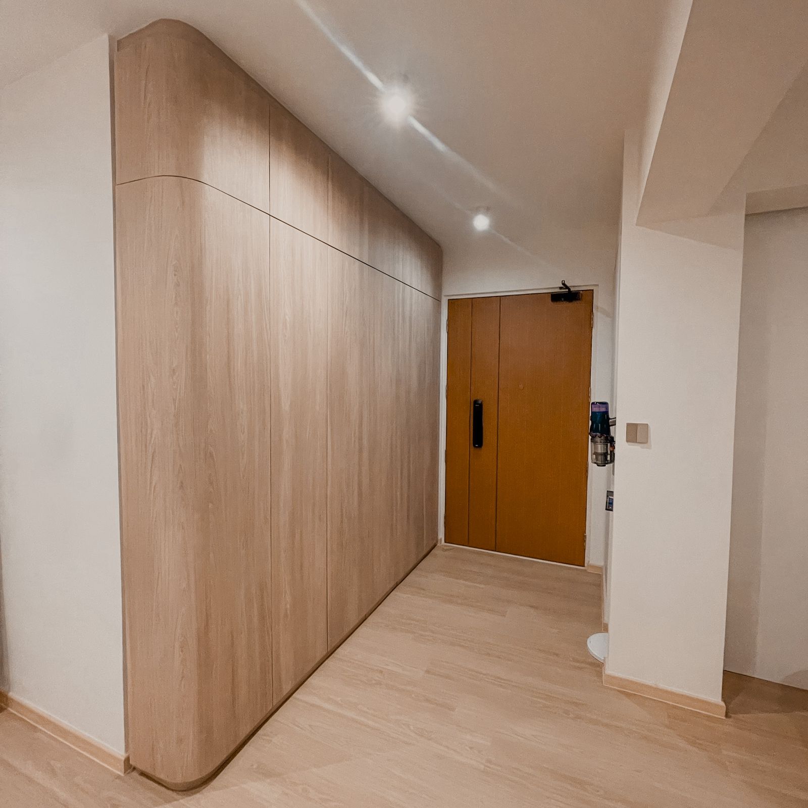 Chic & Curvalicious Entrance Foyer  - Wooden wardrobe, minimalist design, light wooden paneling, sleek finish, modern