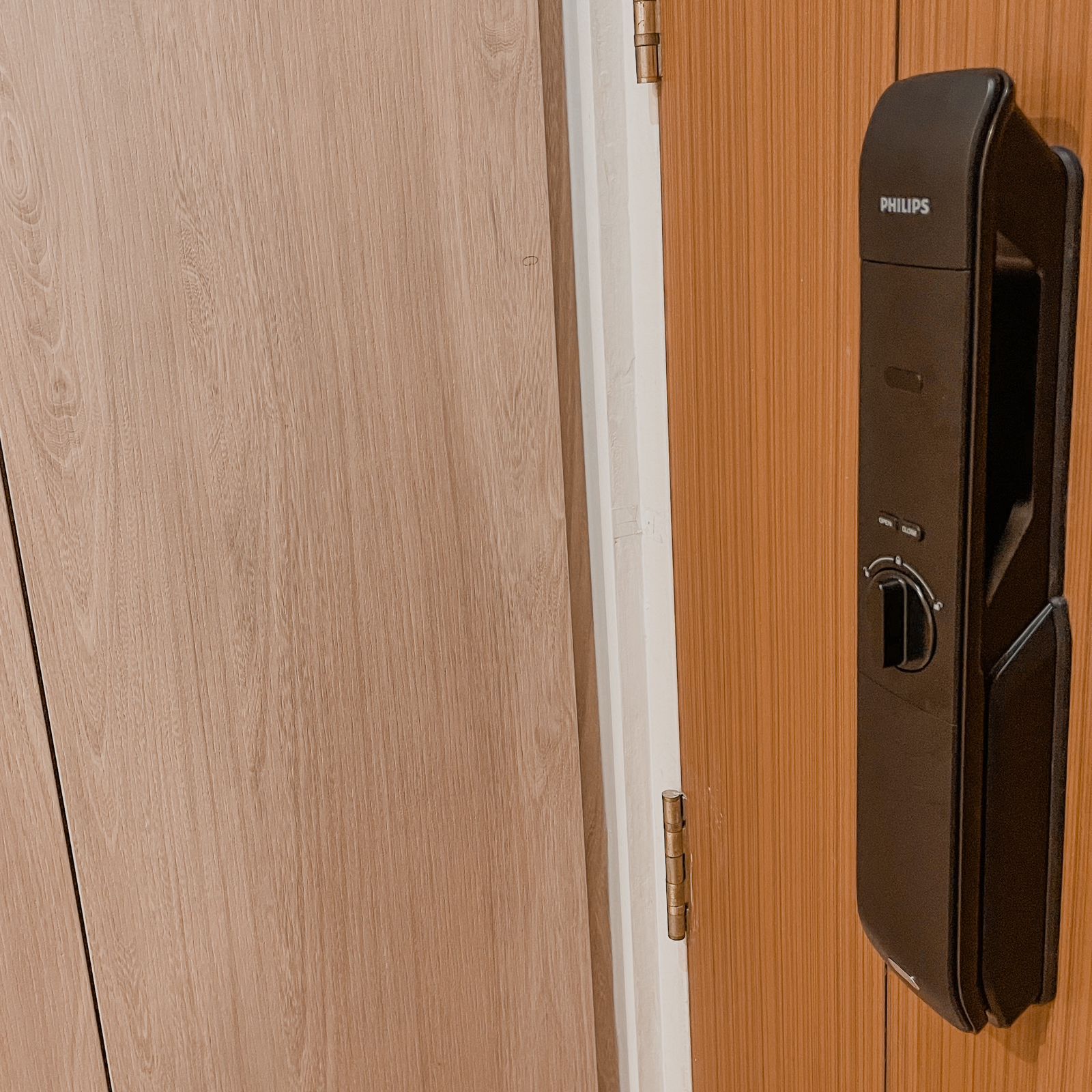 Chic & Curvalicious Entrance Foyer  - Wooden door, door handle, metallic door frame, black door lock, Philips brand, wooden