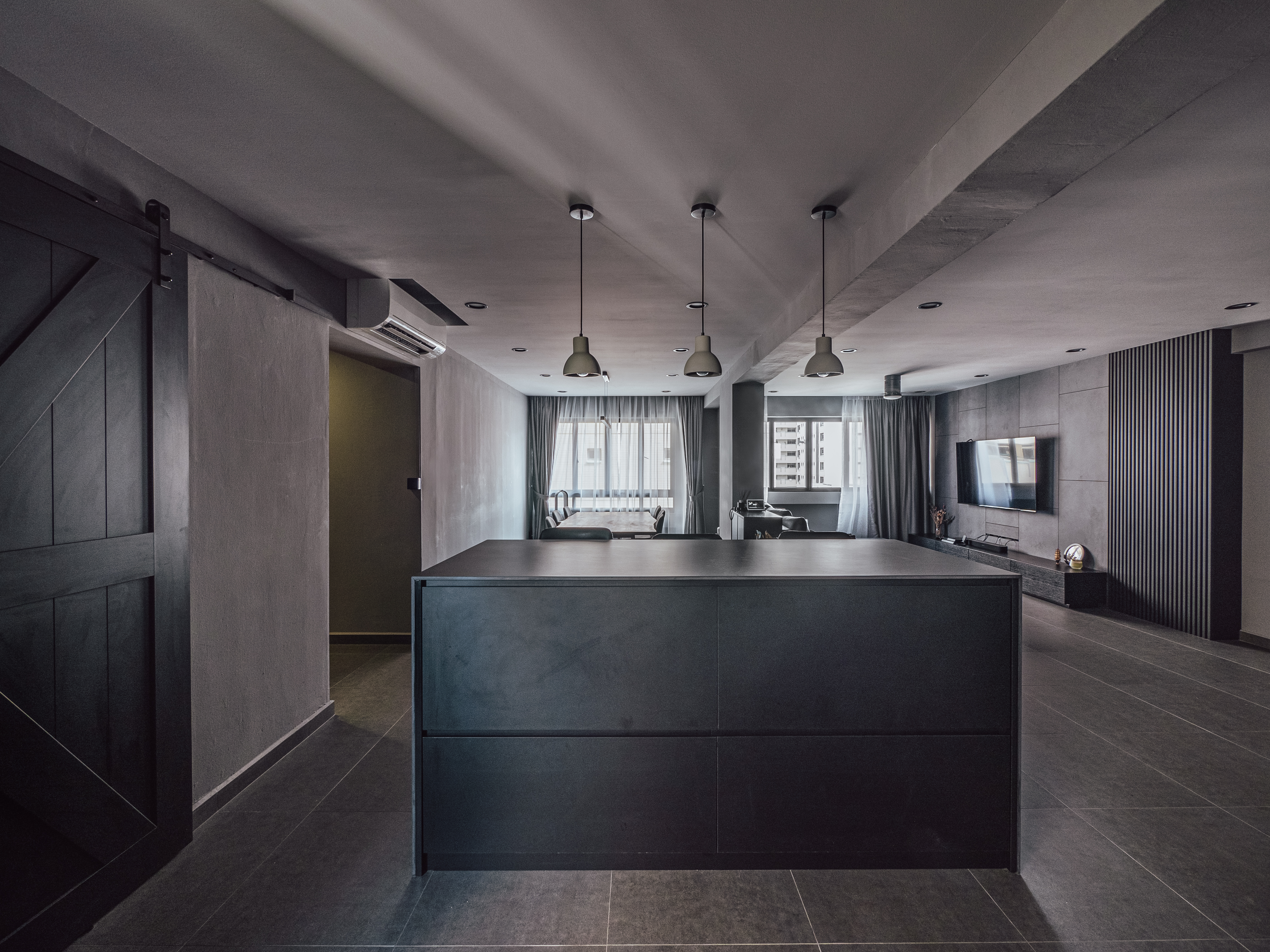 Dark and Modern Kitchen - modern living room, minimalist design, sleek furniture, large windows, contemporary decor, dark