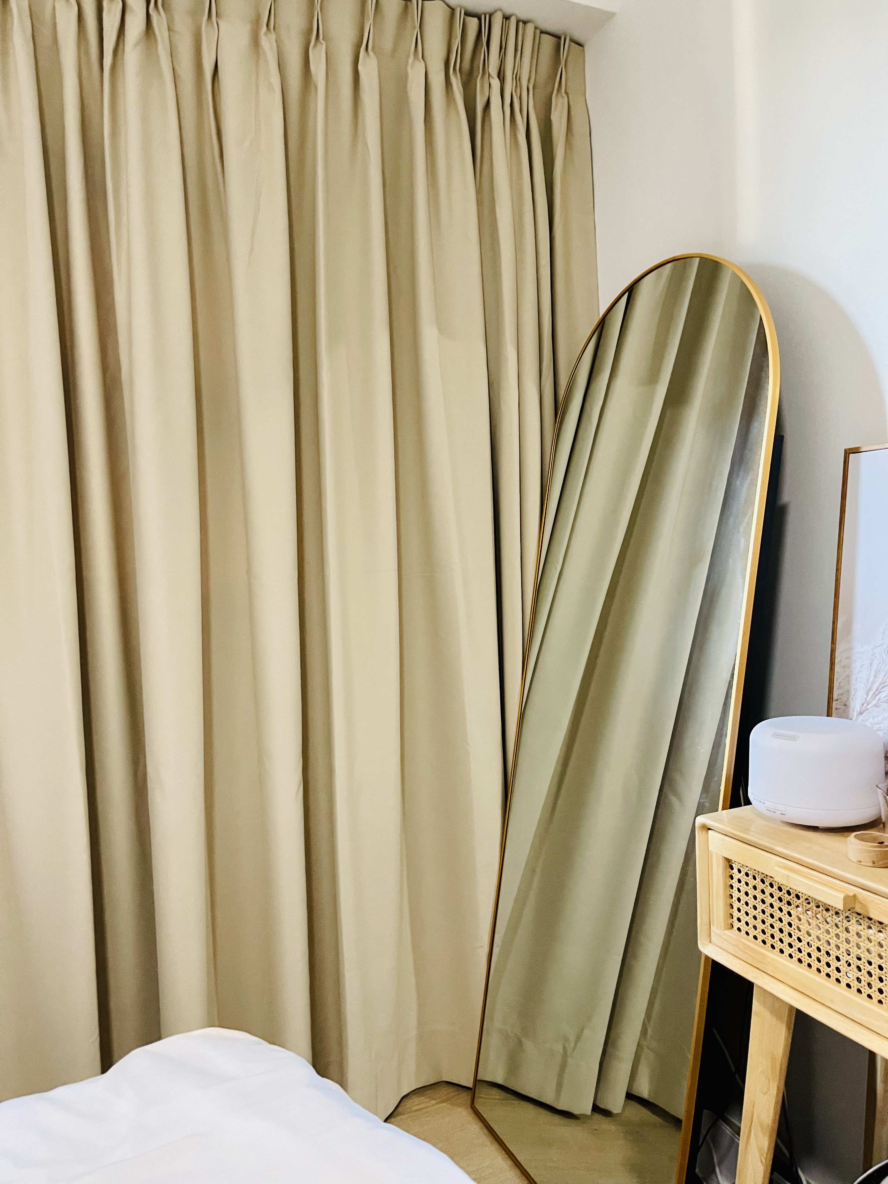 Room where the magic happens! - Cream curtains, beige wall, modern mirror, minimalist decor, wooden side table, white