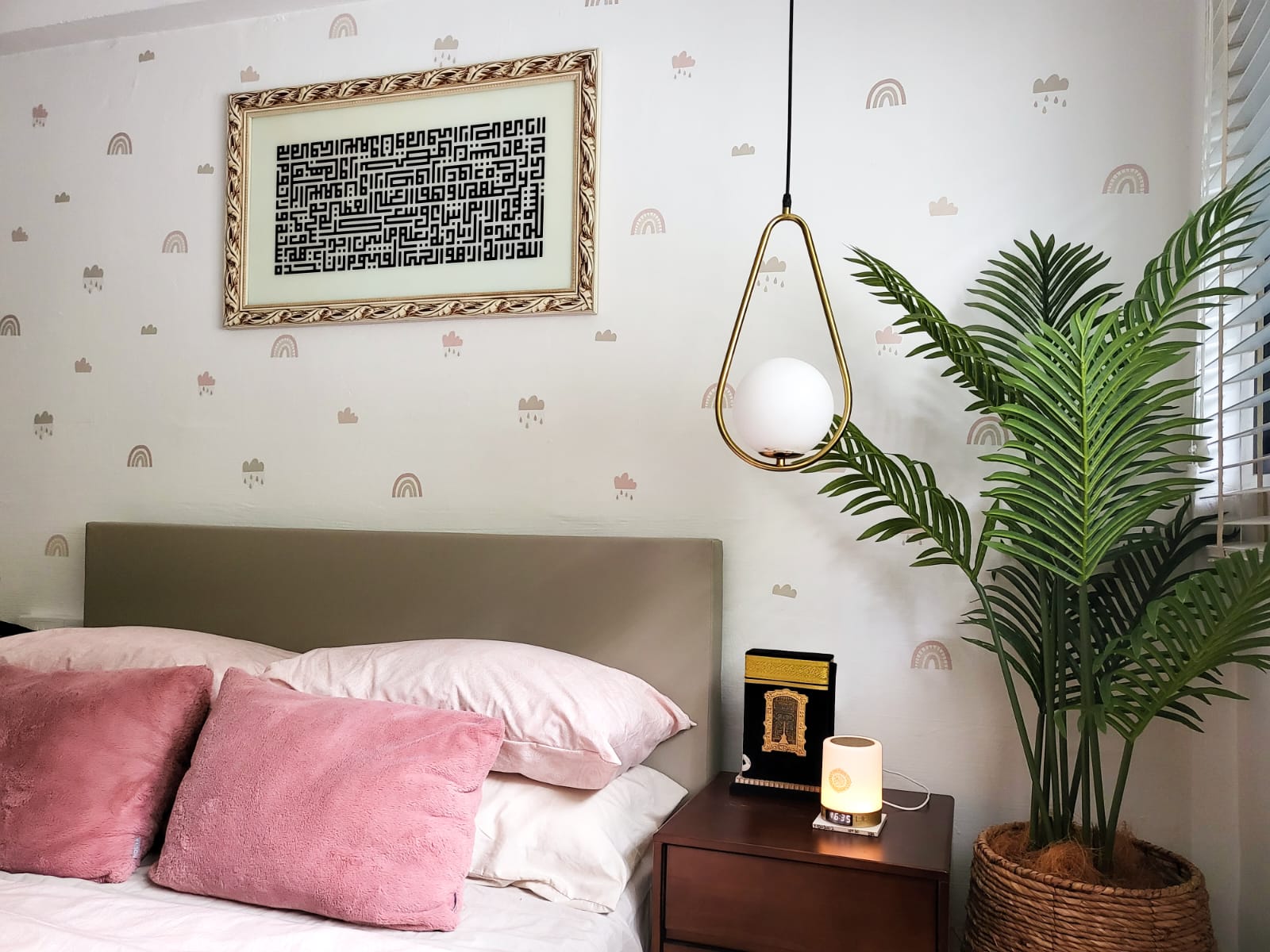 Mid Century Modern Bedroom for the Kids  - Wall art with intricate black and white geometric patterns, framed in a gold