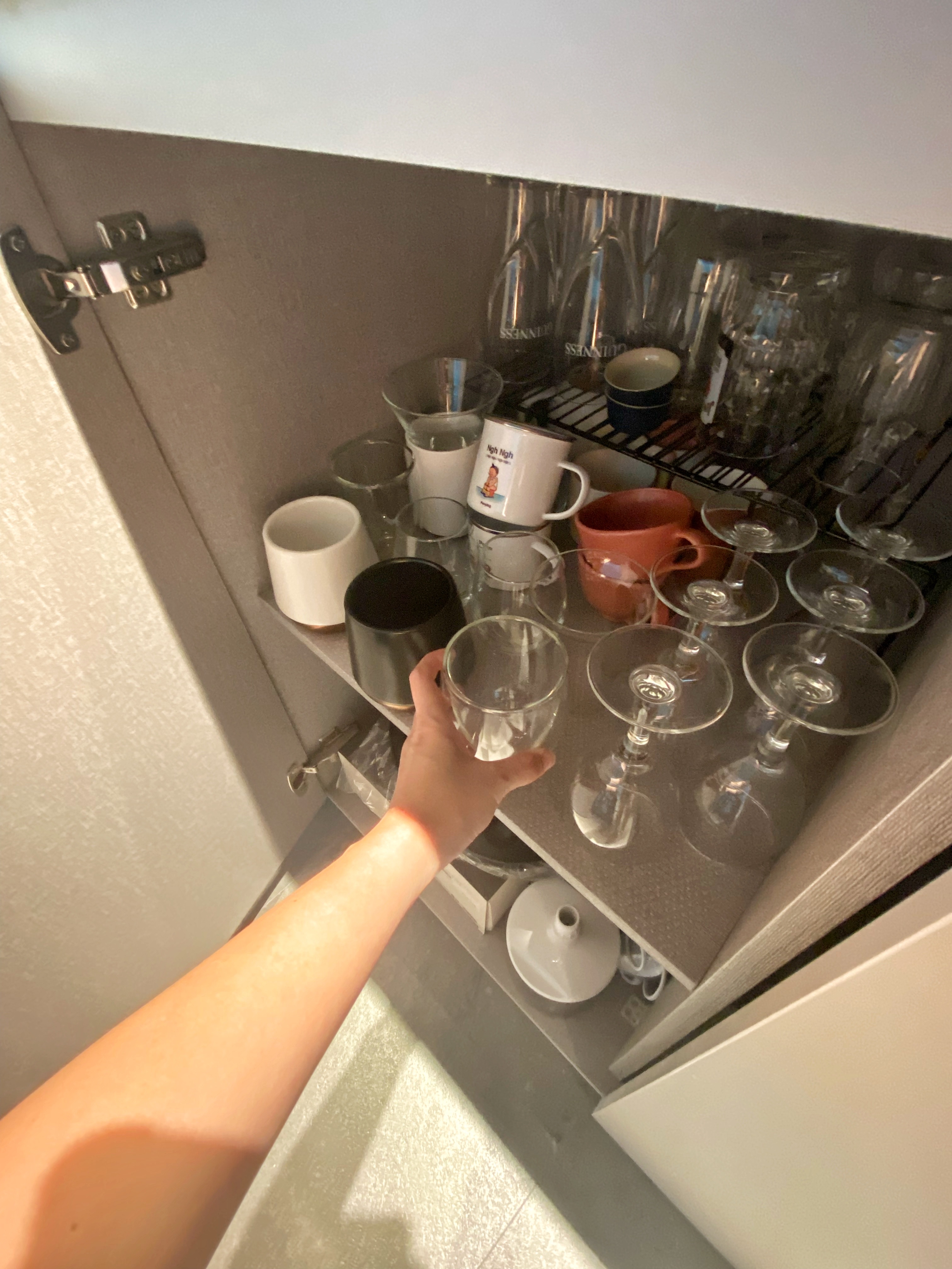 Our fun choice of morning routine - this is what we work hard for - Glassware, kitchen cabinet, glassware organization, empty