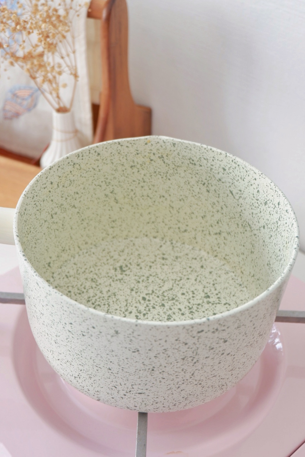 Favourite Purchases For The Home  - green speckled bowl, ceramic bowl, indoor setting, wooden chair, light pink surface