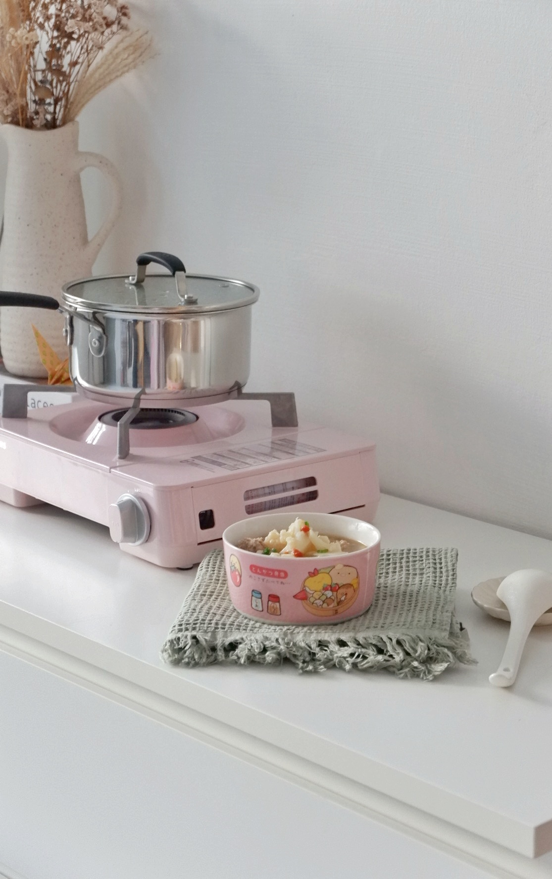 Favourite Purchases For The Home  - pink electric kettle, pink stove, bowl of soup, cartoon characters, pink and white