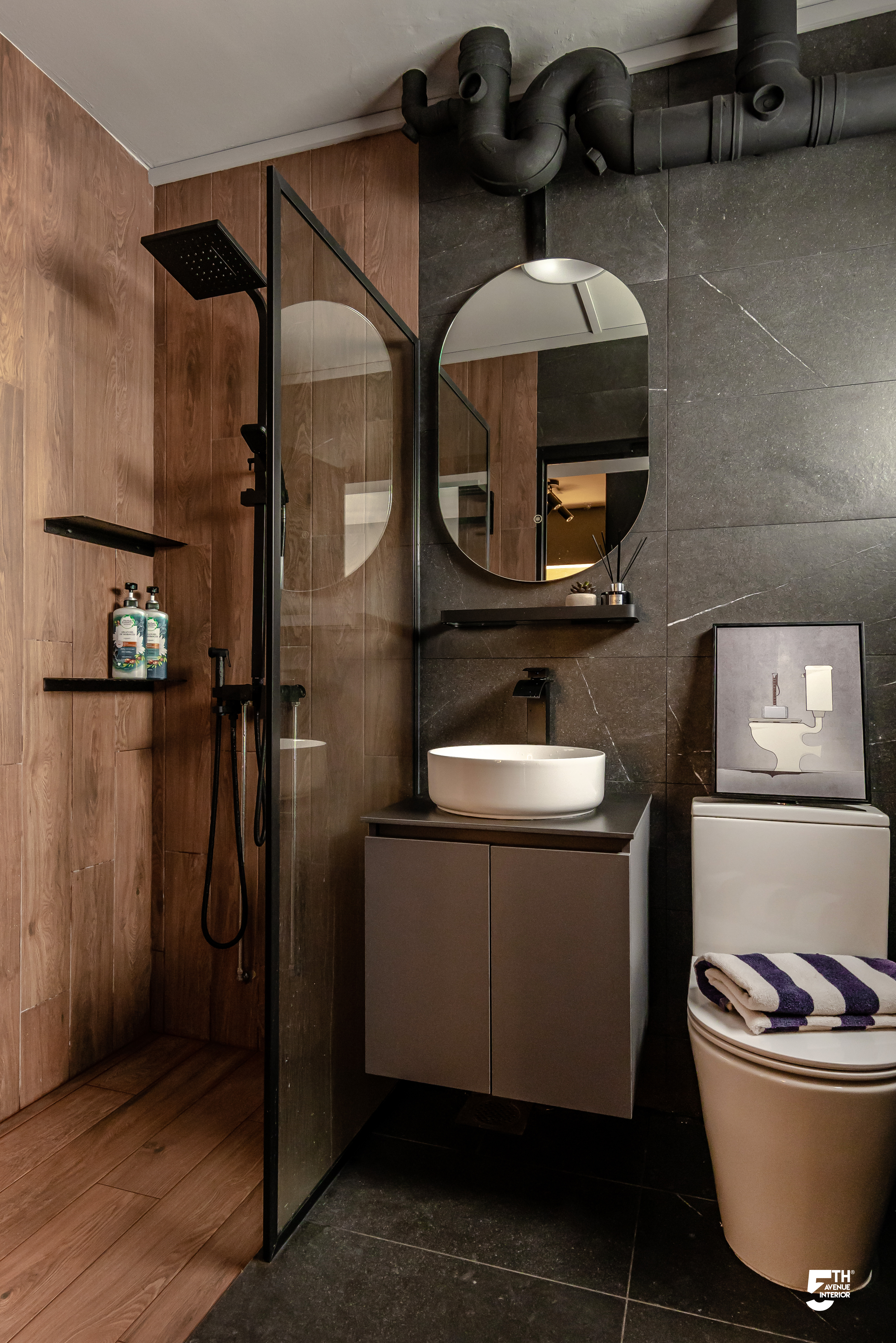 One house, two Bathroom styles - Wooden shower enclosure, black showerhead, black shower hose, wooden wall panel, black