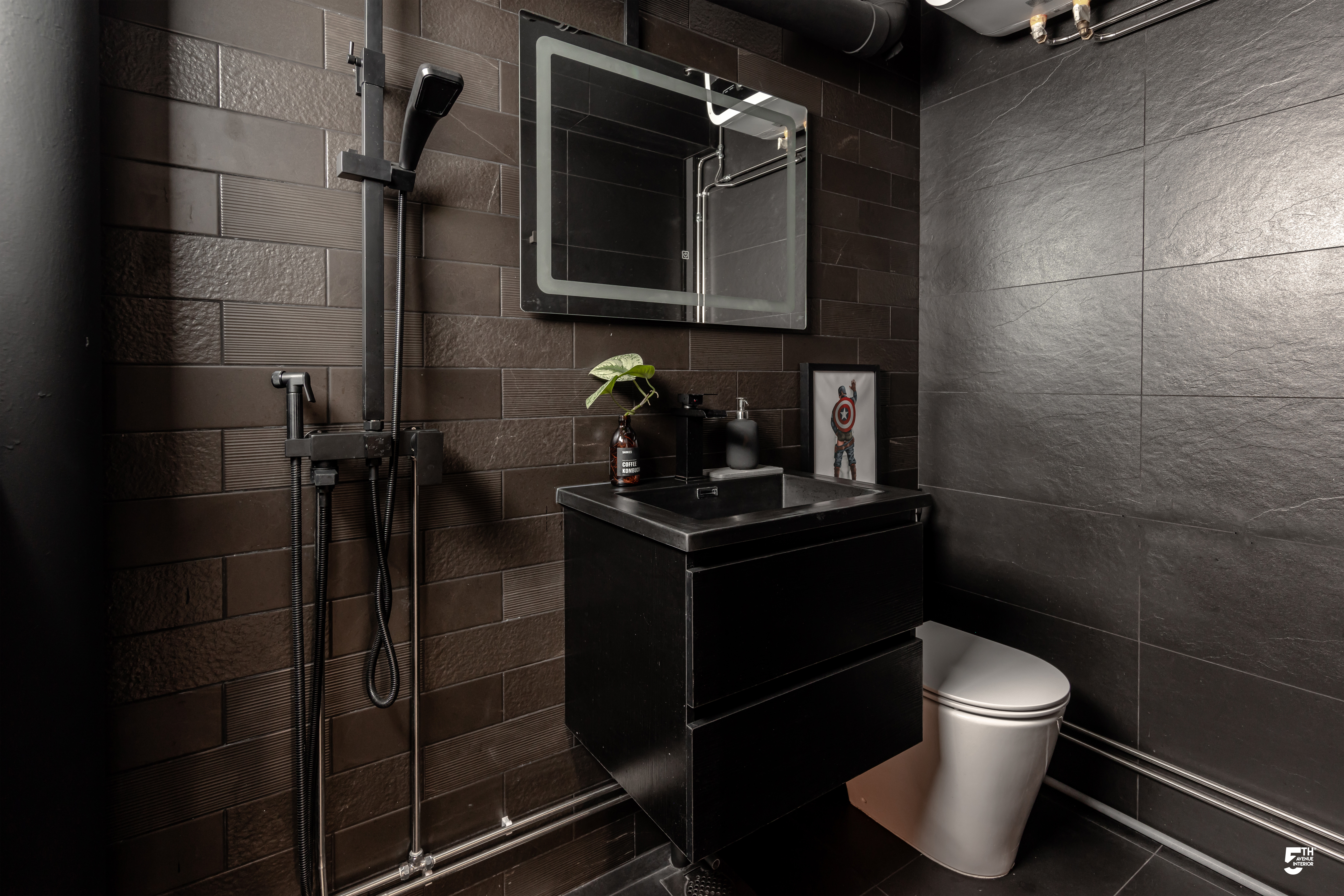 One house, two Bathroom styles - modern bathroom, sleek design, dark brown tiles, black vanity, black showerhead, black