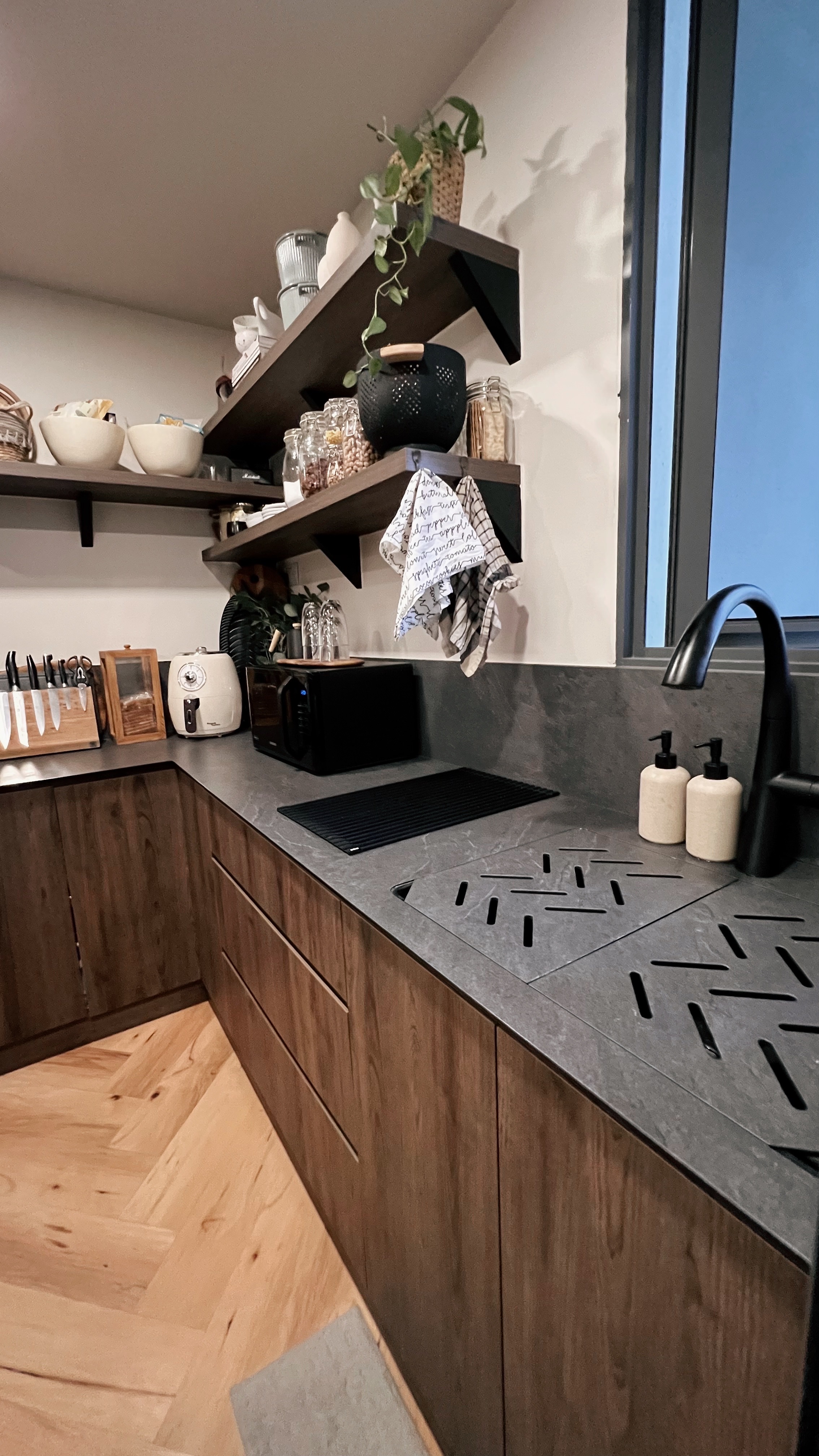 Come check out my fave room in the house! - modern kitchen, contemporary design, wooden cabinets, dark countertops, black