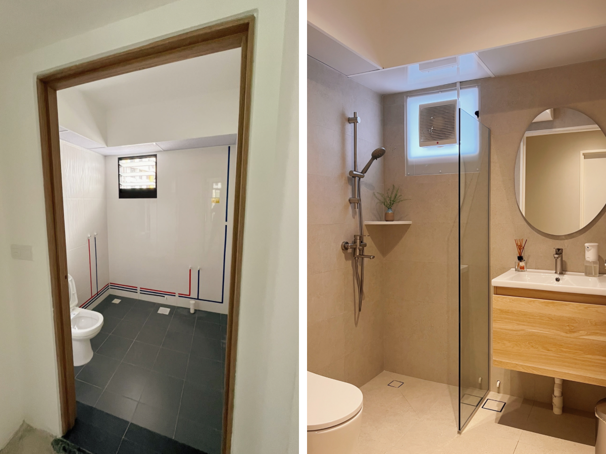 From bare to bliss: Before and after renovation of our 4-room BTO flat - Modern bathroom, dual-image, shower and toilet