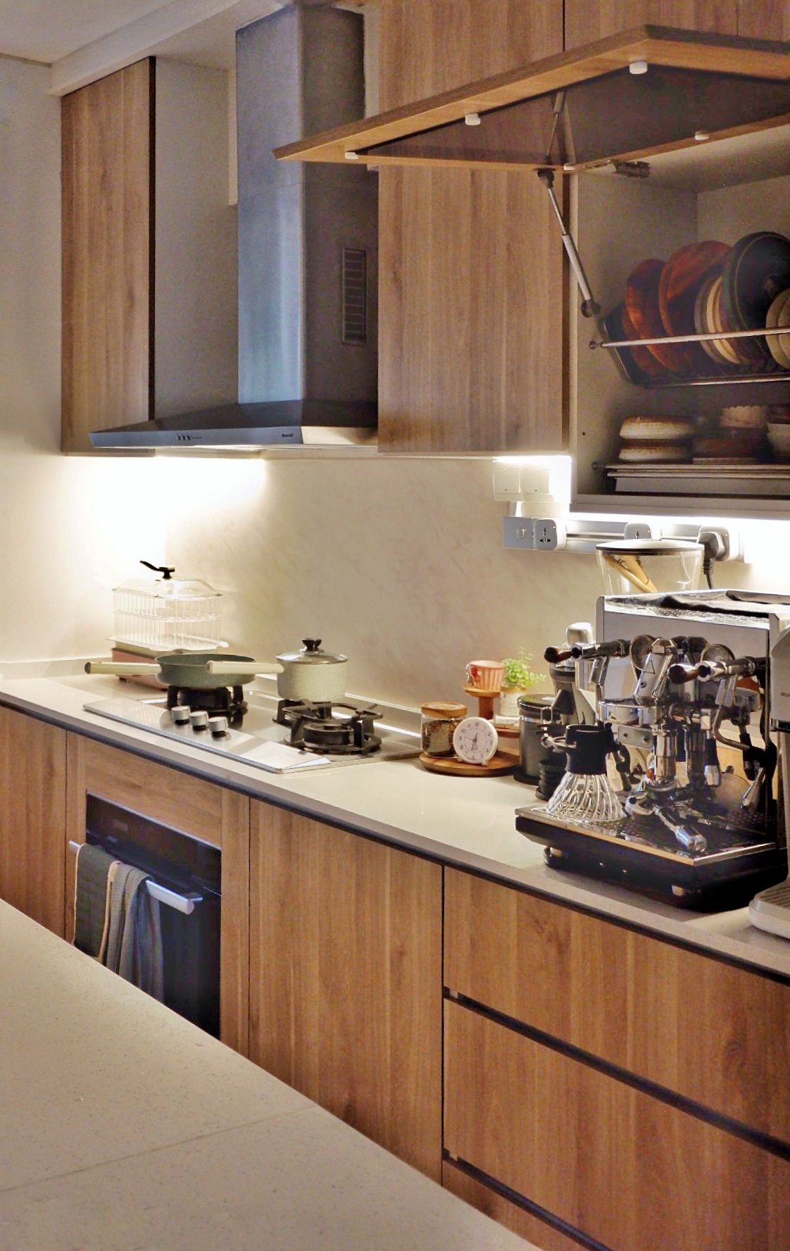A heart of our house - Kitchen - Wooden cabinetry, modern kitchen, stainless steel range hood, under-cabinet lighting, gas