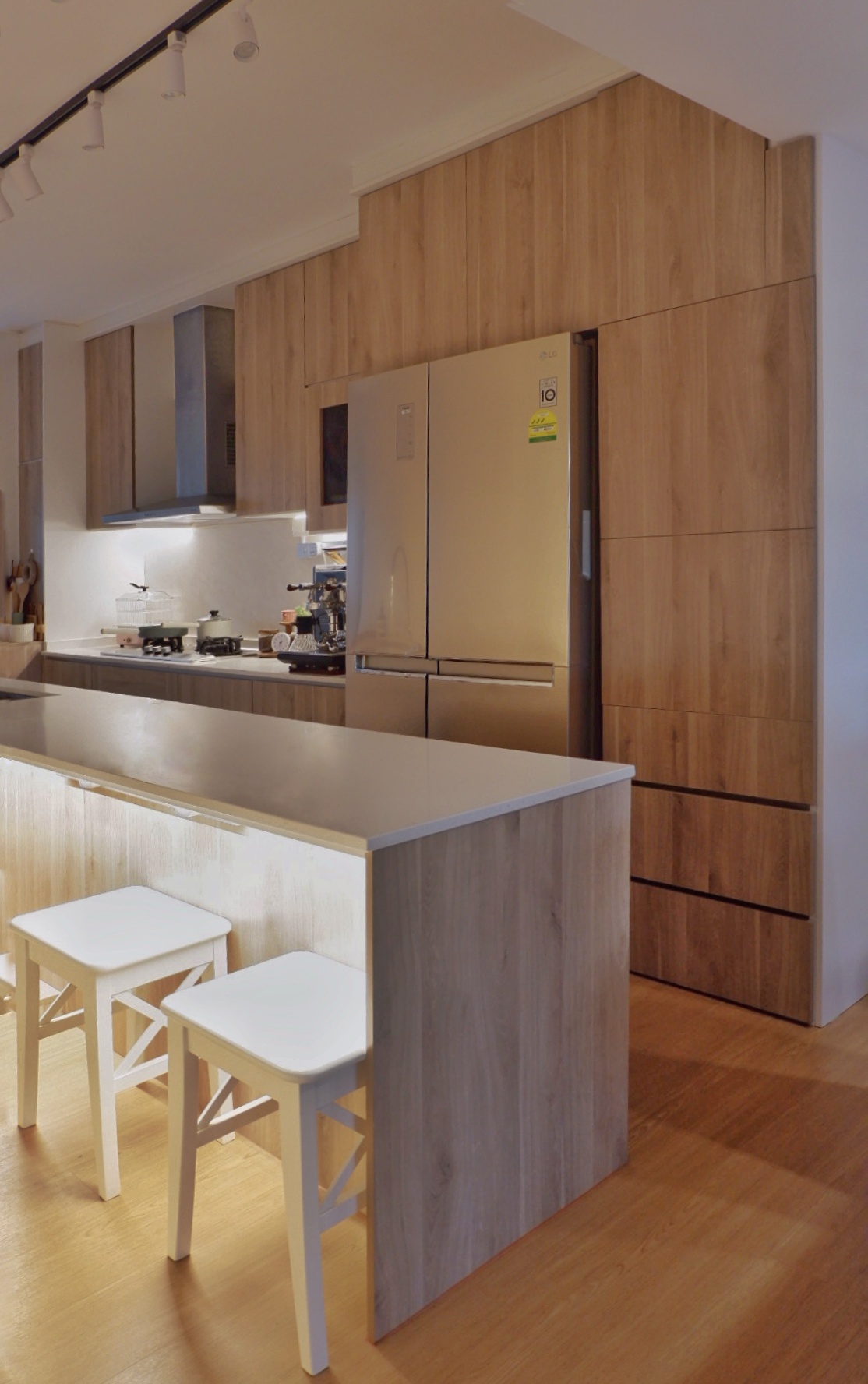 A heart of our house - Kitchen - Wooden cabinetry, stainless steel refrigerator, modern kitchen, light wood countertops