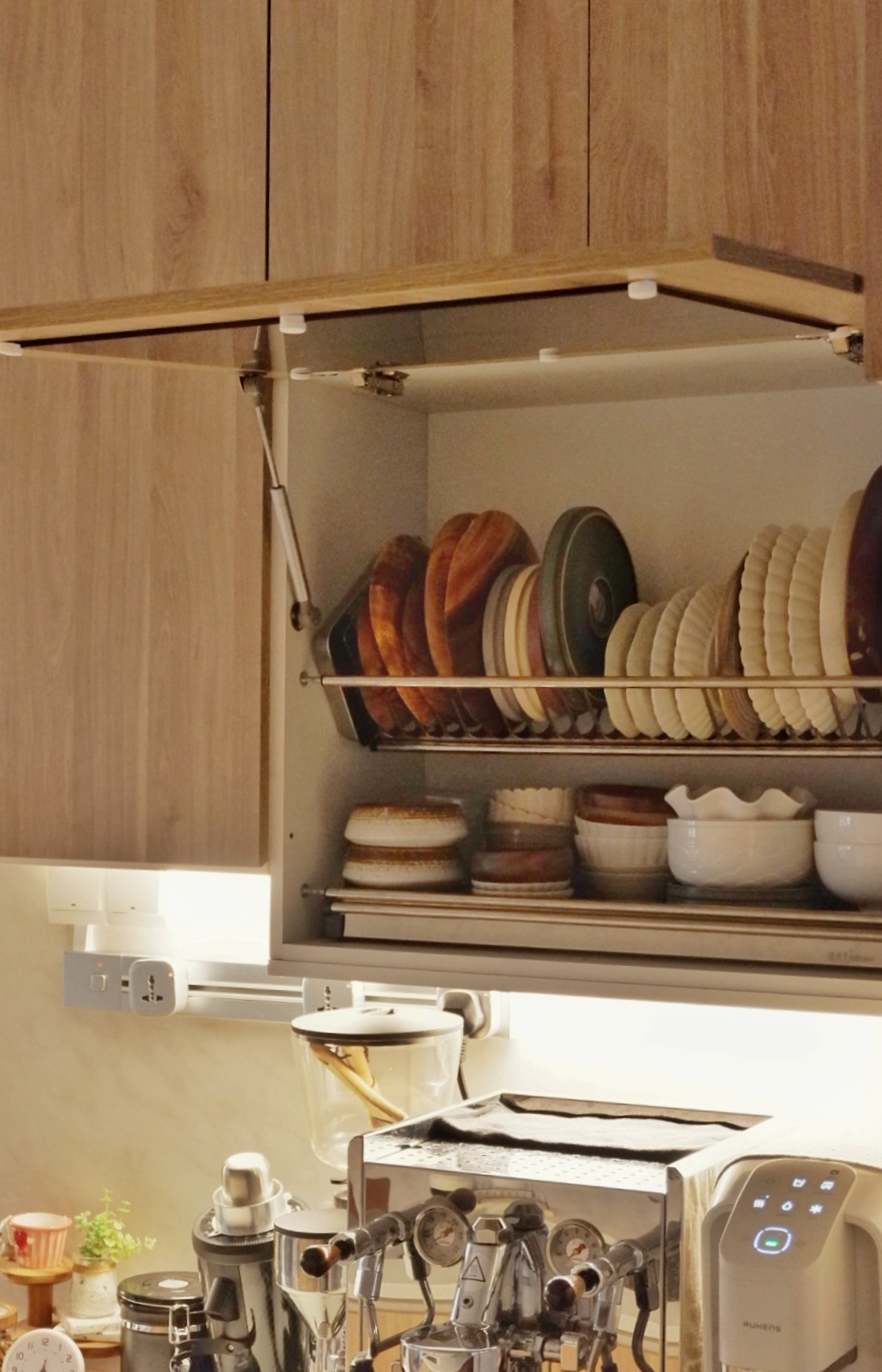 A heart of our house - Kitchen - Wooden kitchen cabinets, open shelf, plates, bowls, coffee machine, espresso machine, coffee