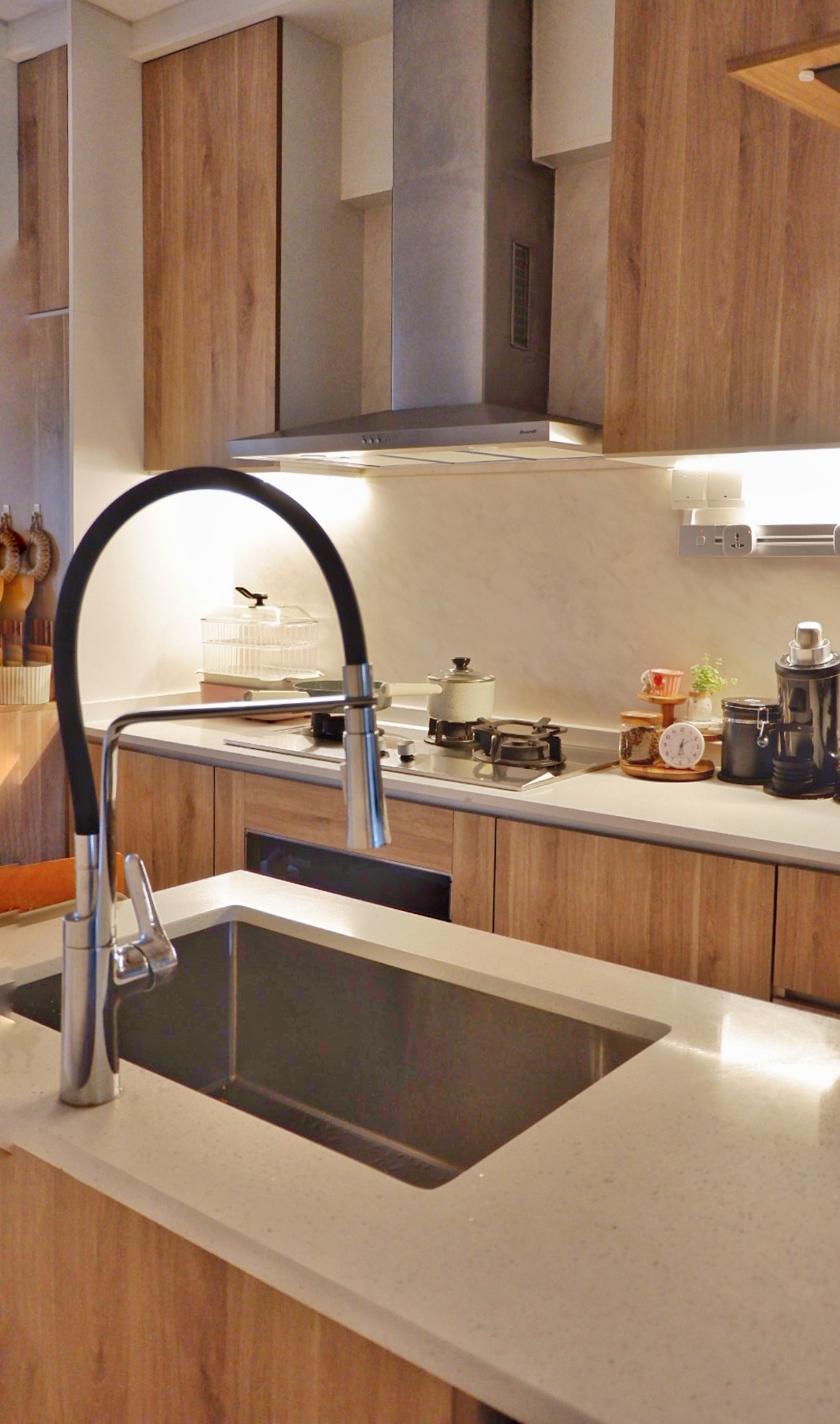 A heart of our house - Kitchen - Wooden cabinetry, modern kitchen, stainless steel faucet, white countertop, gas stove, black