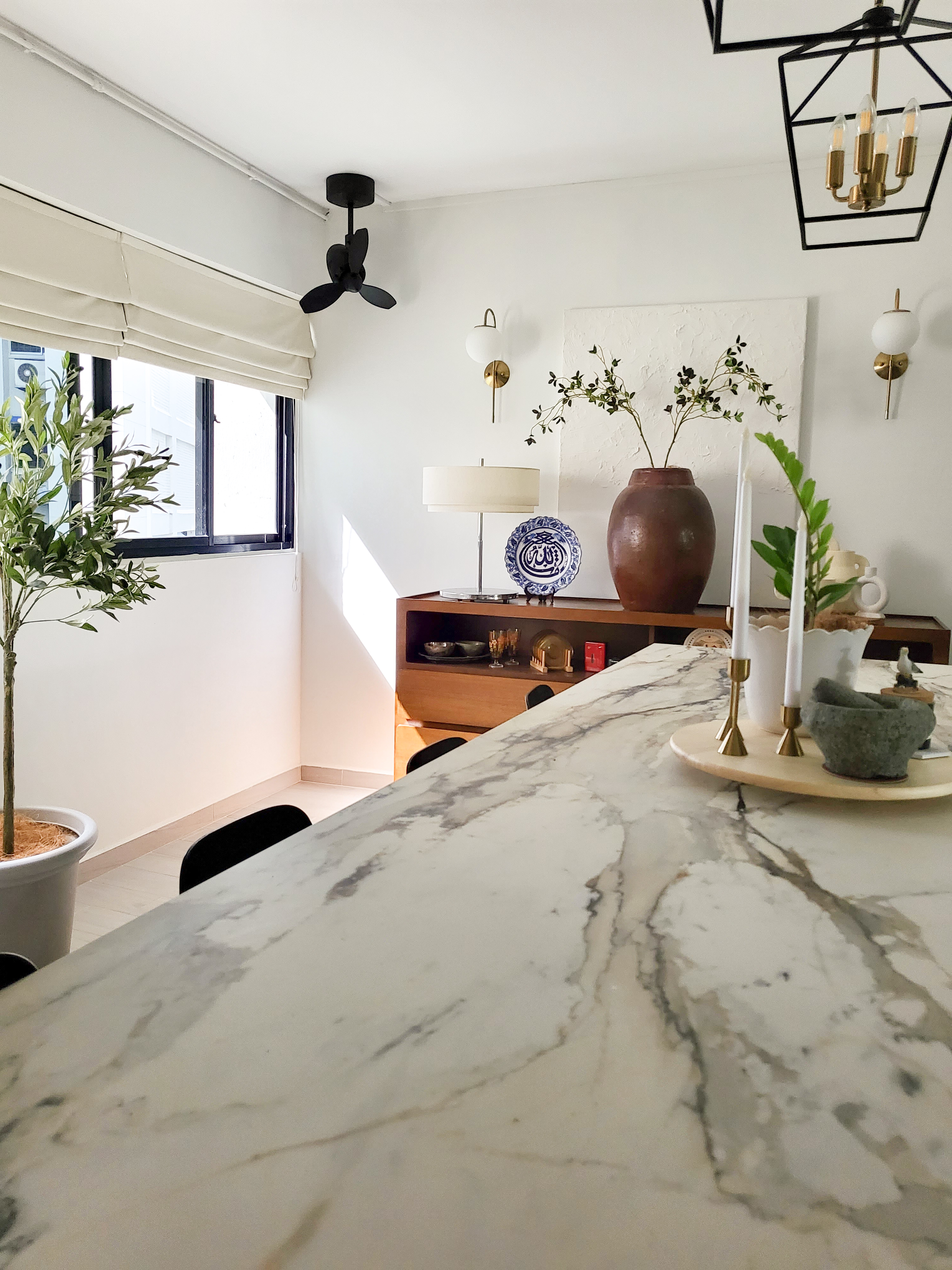 Flipping the House to Our Home - Marble dining table, modern decor, minimalist design, natural light, white walls, pendant