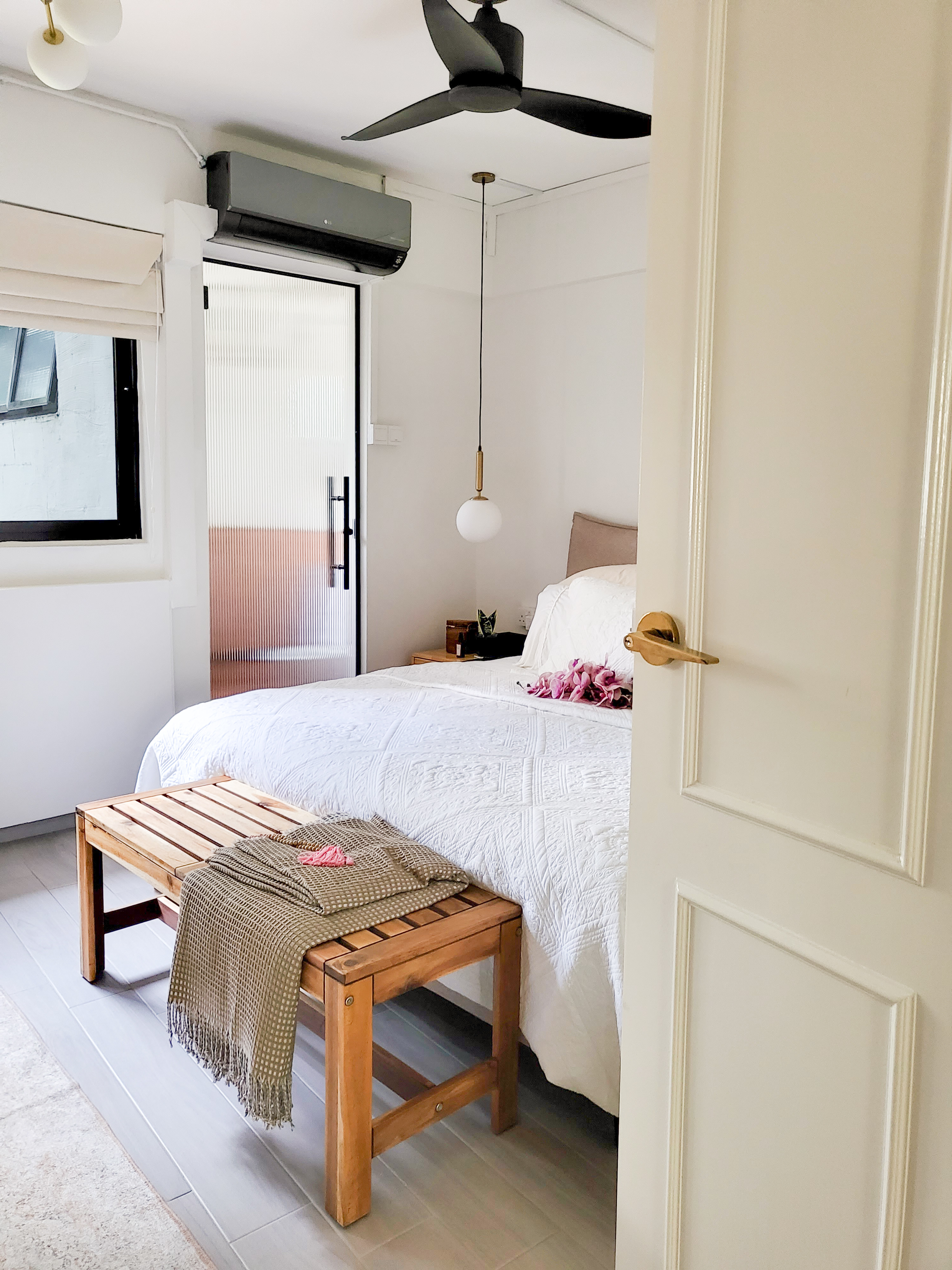 Flipping the House to Our Home - Modern bedroom interior, minimalist design, white walls, wooden floor, wooden bench, white