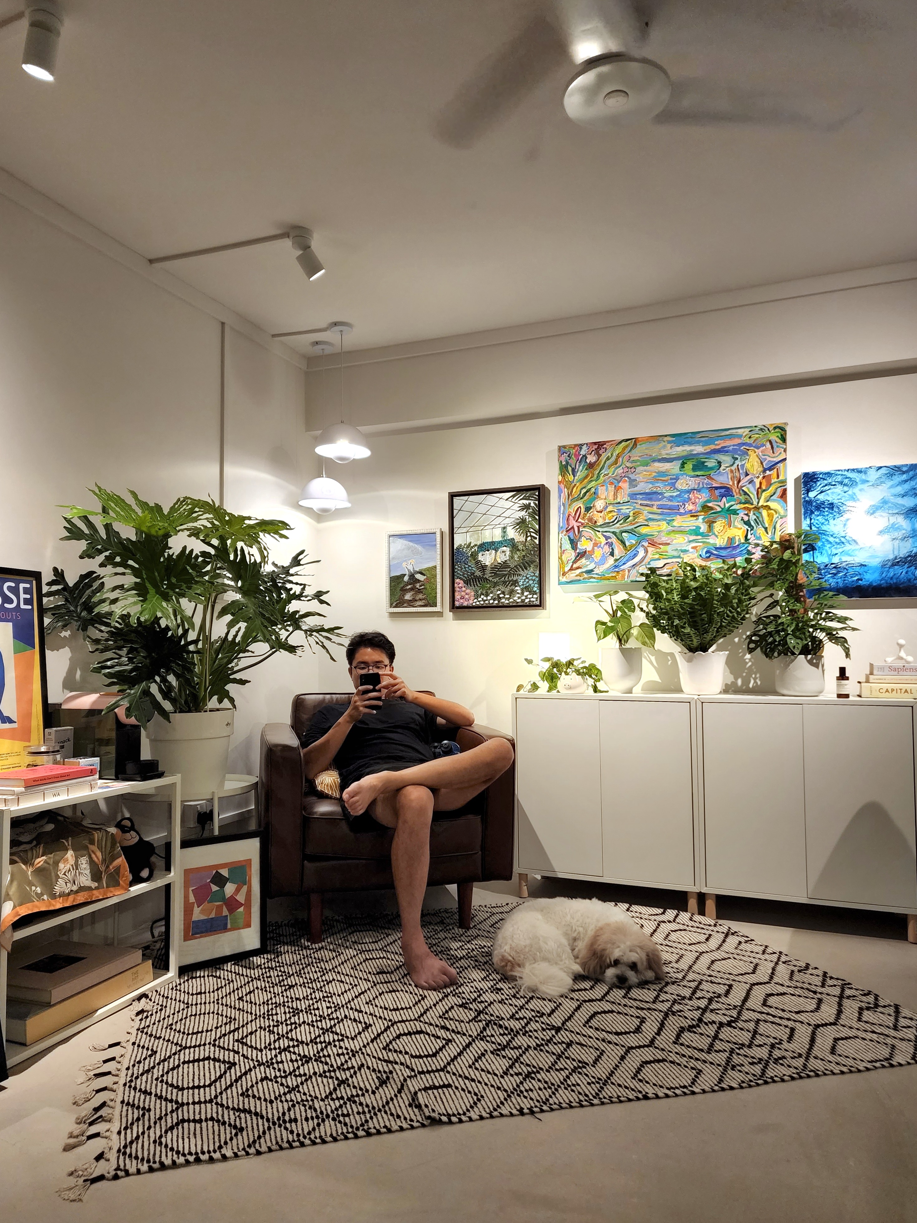 Study room or plant paradise? - Modern living room, cozy atmosphere, indoor plants, contemporary decor, stylish furniture