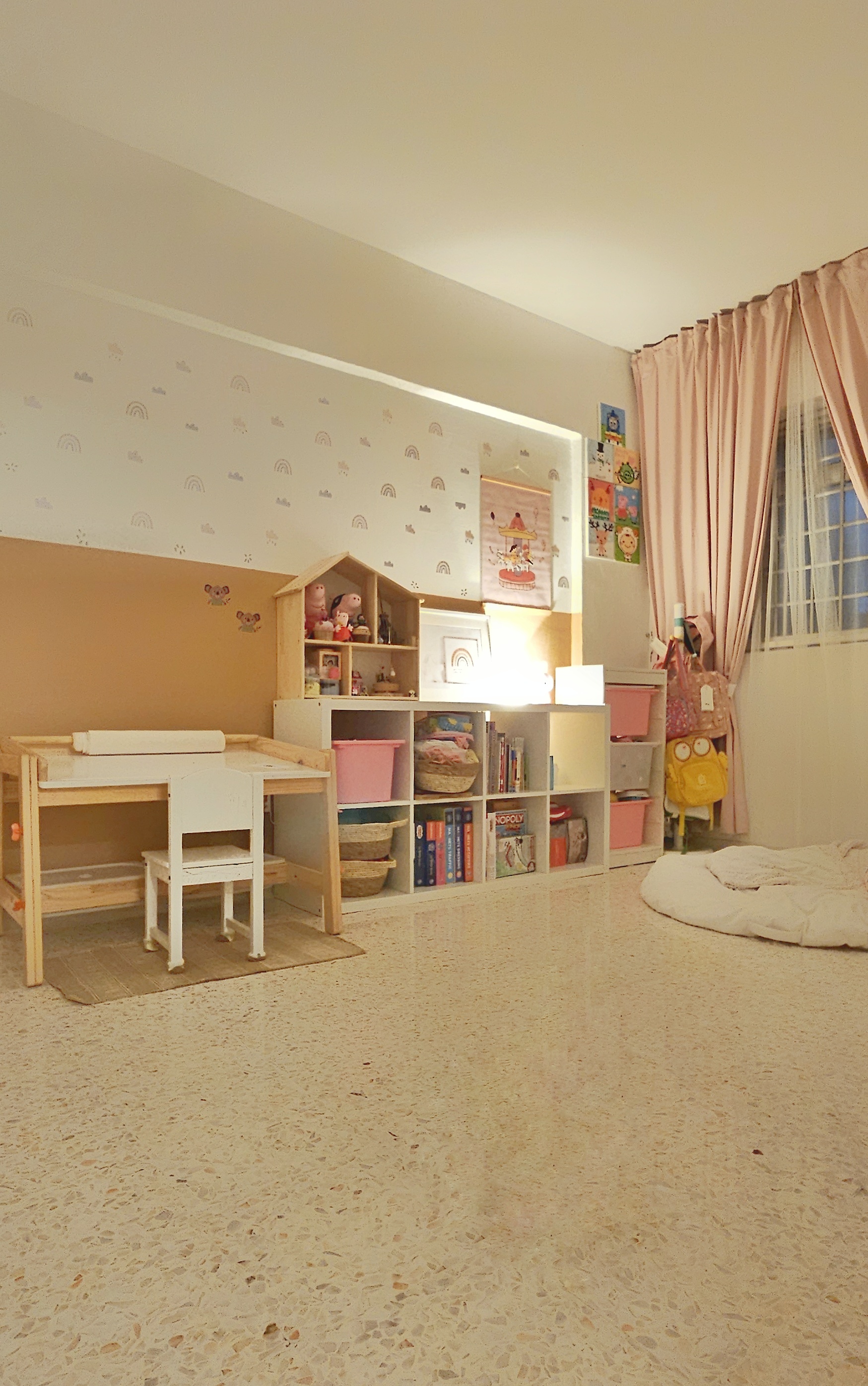 Transform a 4 rm HDB resale flat to a lovely home - Children's playroom with wooden furniture, soft pastel colors