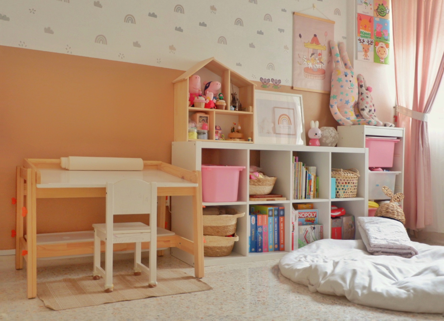 Transform a 4 rm HDB resale flat to a lovely home - Children's playroom with soft pastel colors, wooden furniture, and a cozy