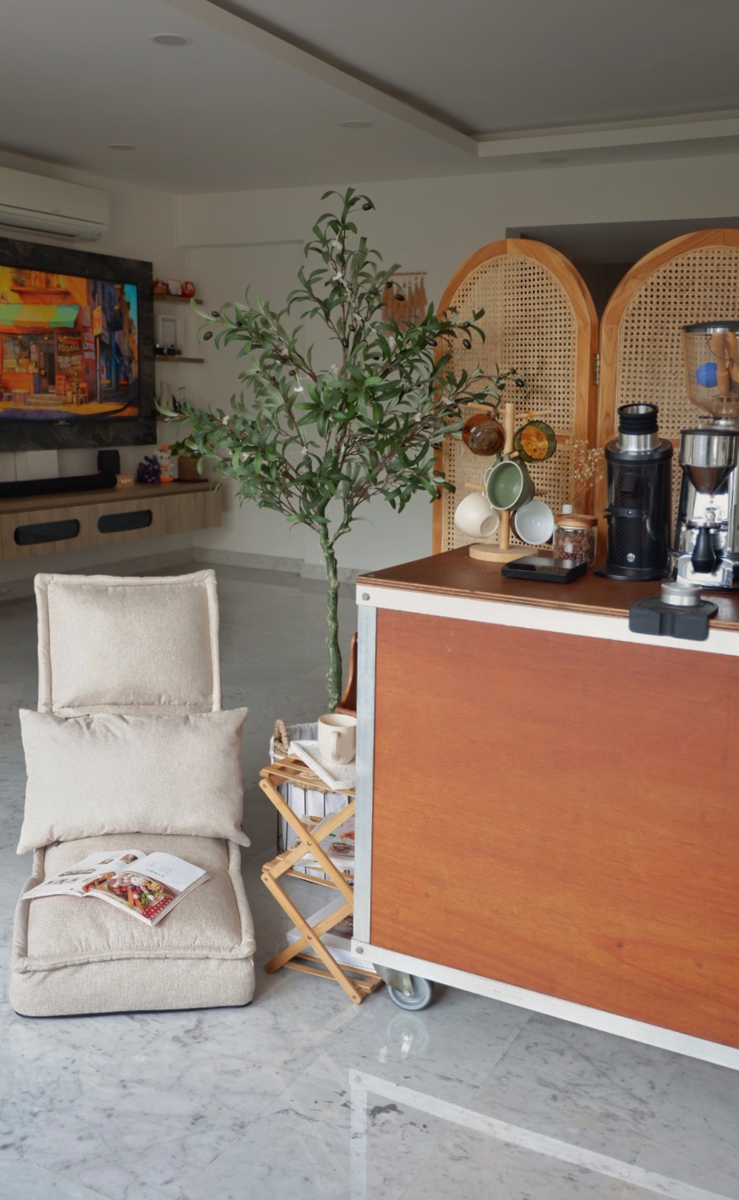 Transform a 4 rm HDB resale flat to a lovely home - mellow living room, cozy corner, modern decor, minimalist design, natural