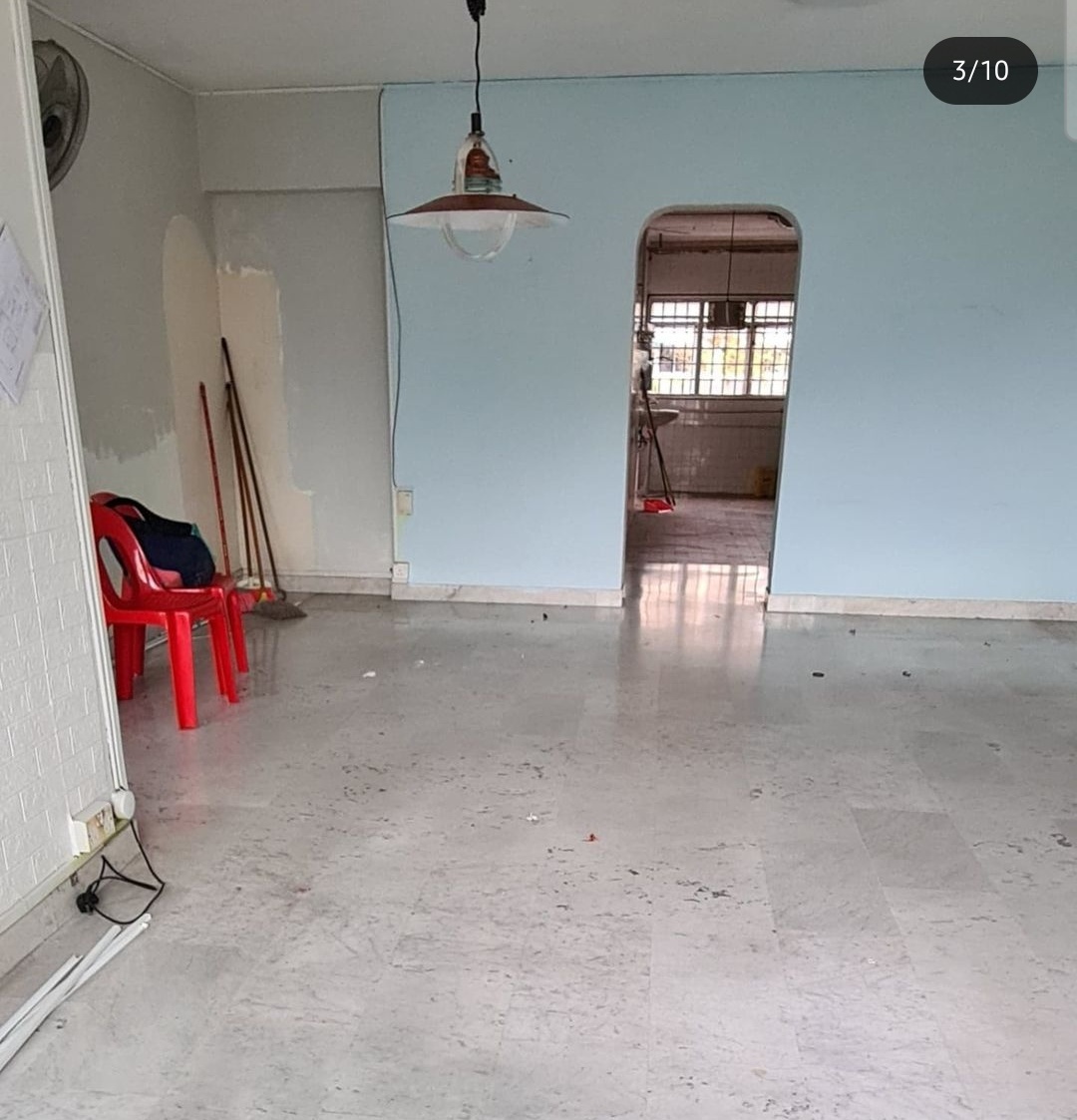 Transform a 4 rm HDB resale flat to a lovely home - Empty room with light blue walls and white ceiling, Red plastic chair