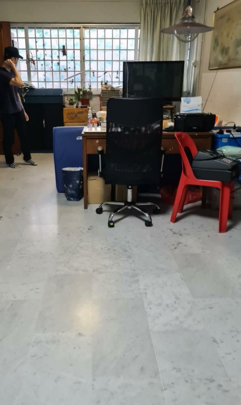 Transform a 4 rm HDB resale flat to a lovely home - Office space, cluttered room, desk, computer, chair, red chair, black