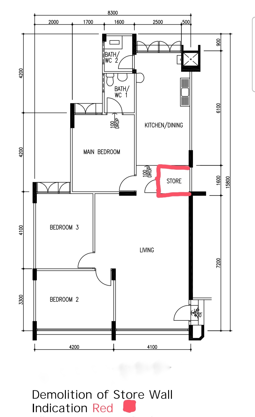 Transform a 4 rm HDB resale flat to a lovely home - Demolition of store wall, Store area highlighted in red, Living area