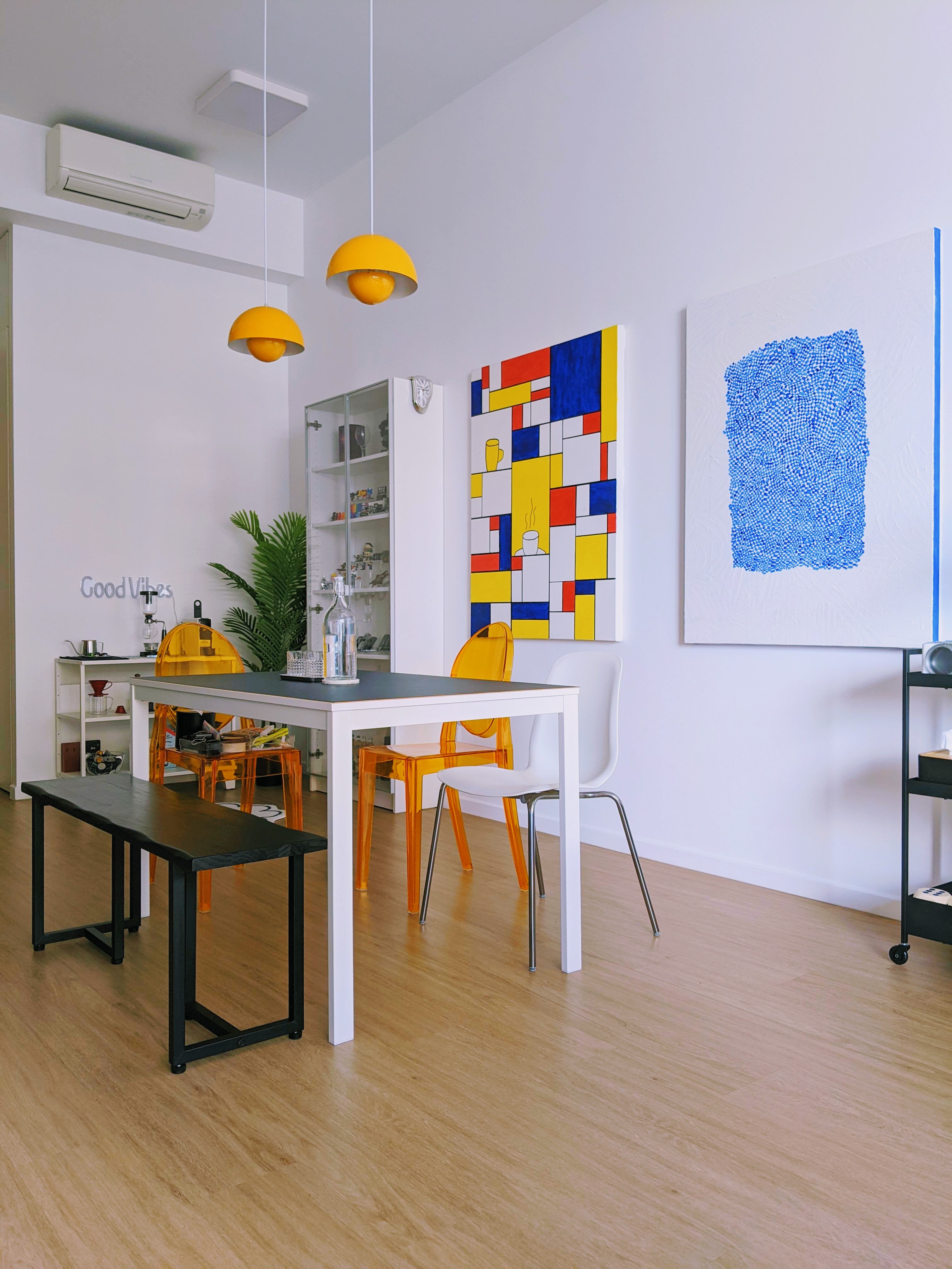 Self-Designing A Bold Vibrant 2-Bedder With a 23K Budget - Modern minimalist dining room, white walls, wooden floor, black