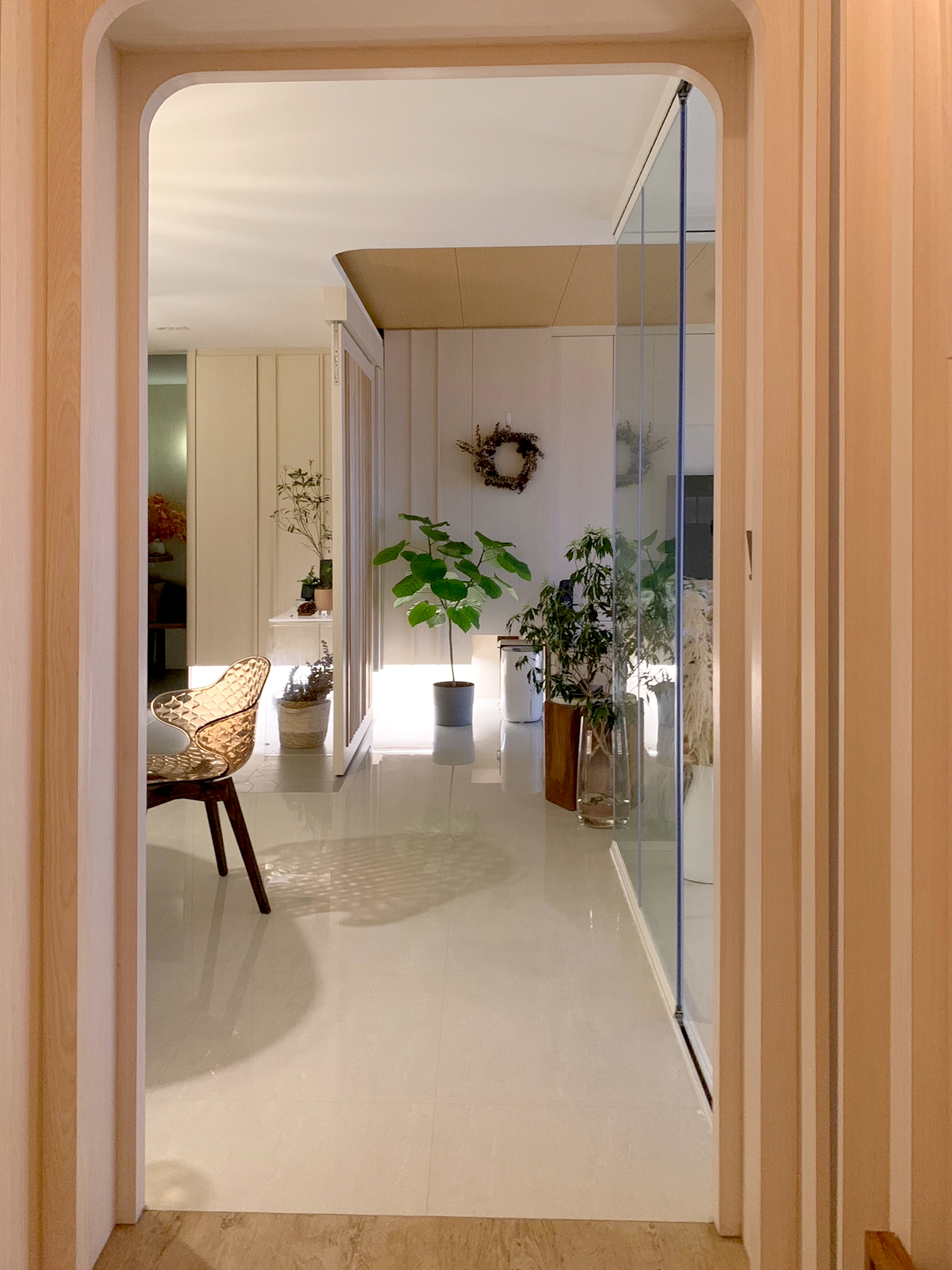 5 rooms resale HDB with Japanese inspired interior - Modern minimalist interior, spacious hallway, wooden door frame, soft