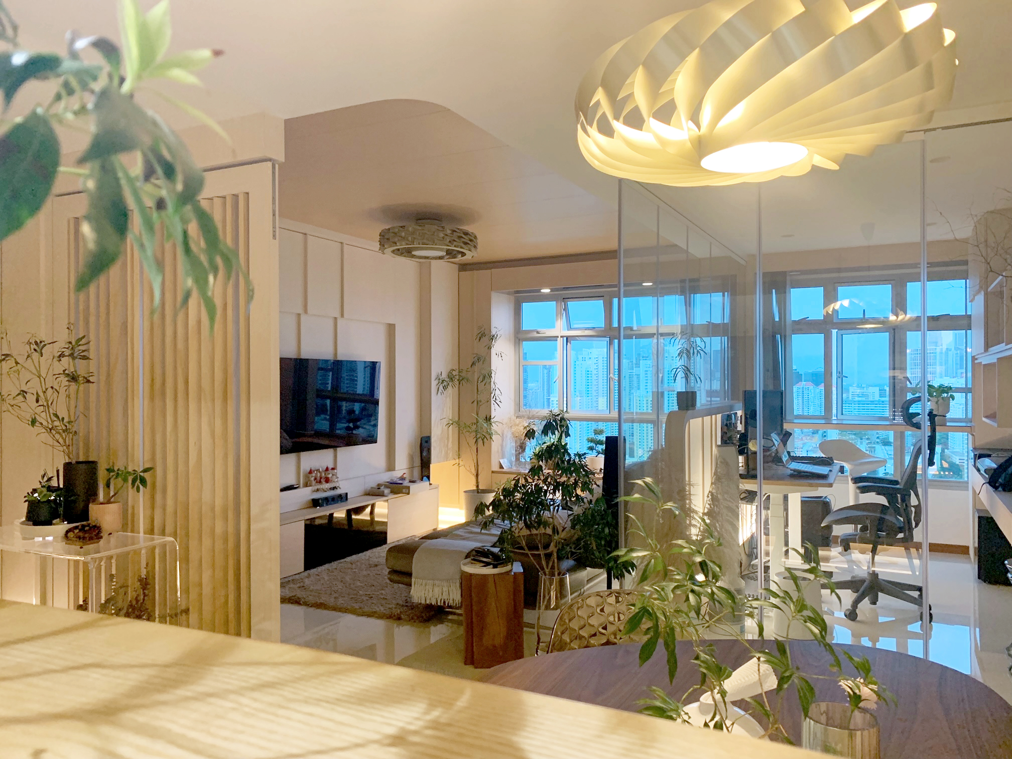 5 rooms resale HDB with Japanese inspired interior - Modern living room with large windows, contemporary furniture, indoor