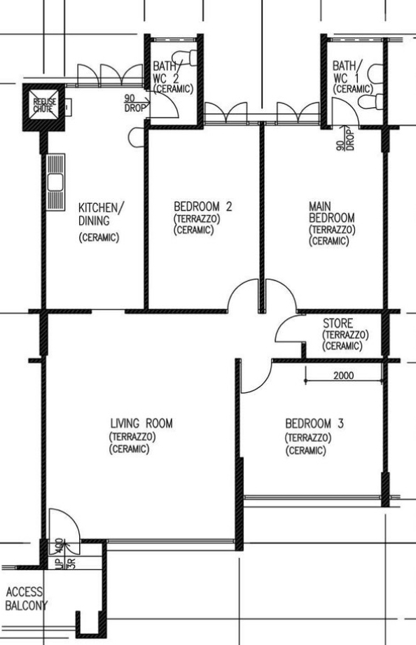 View a Scandi-Boho 4 Room 80’s cookie cutter resale home - Terrazzo bathroom and kitchen layout, Ceramic flooring throughout
