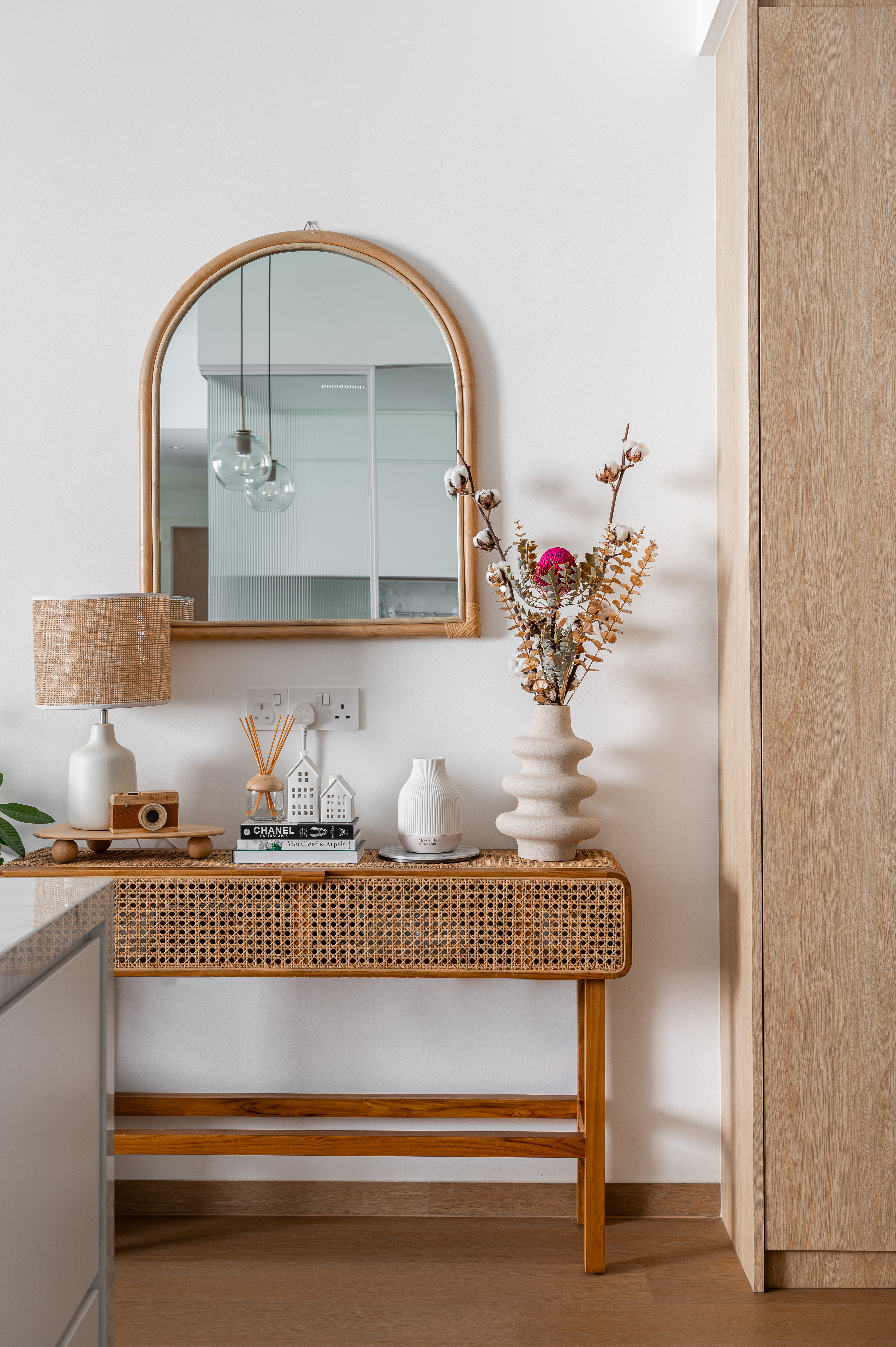 Step into our cosy second sanctuary  - Modern minimalist decor, wooden furniture, woven lampshade, white camera, small house