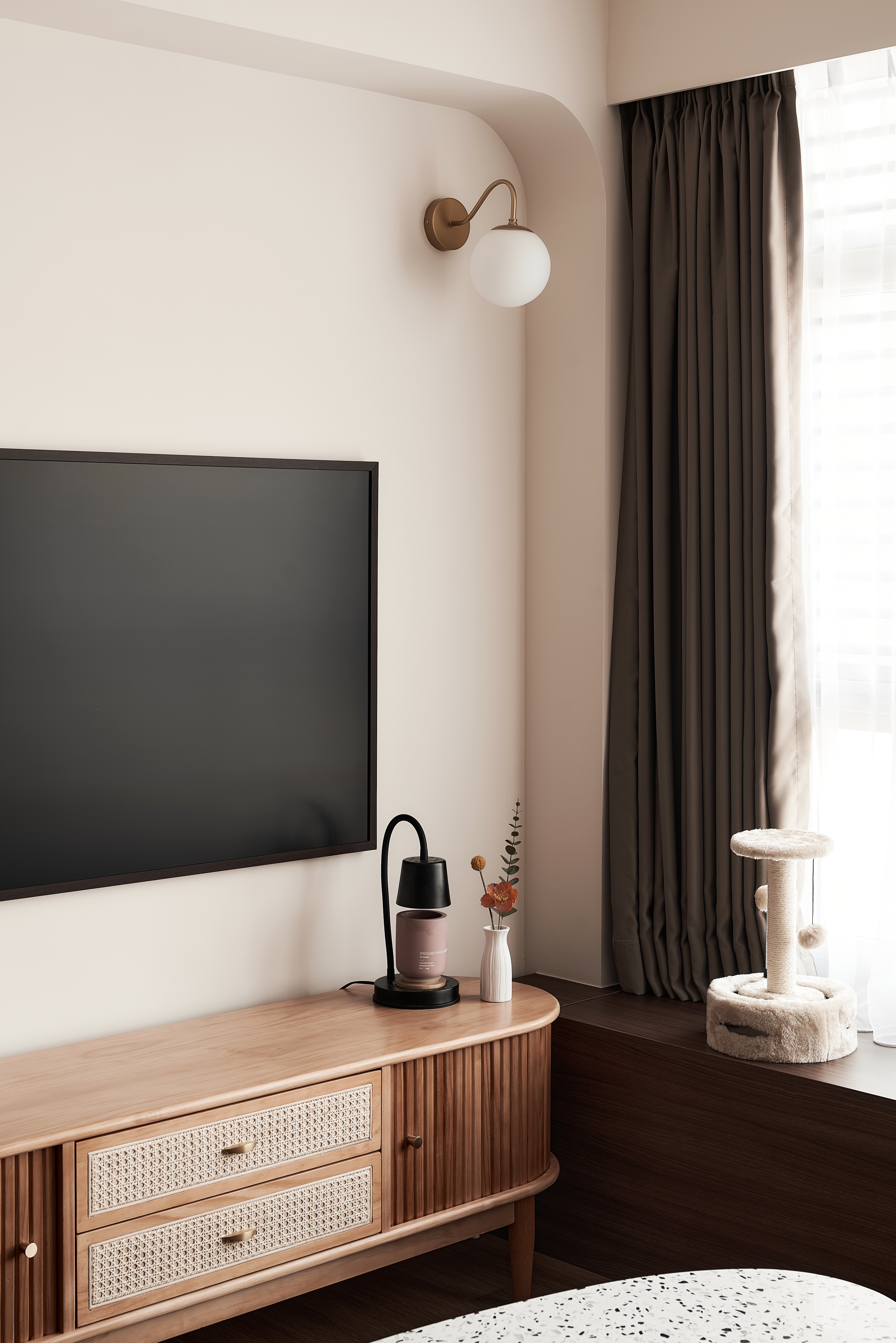 Farmhouse x Japandi - Cosy & Airy 4-room BTO - Modern minimalist living room, cozy corner, large flat-screen TV, wooden