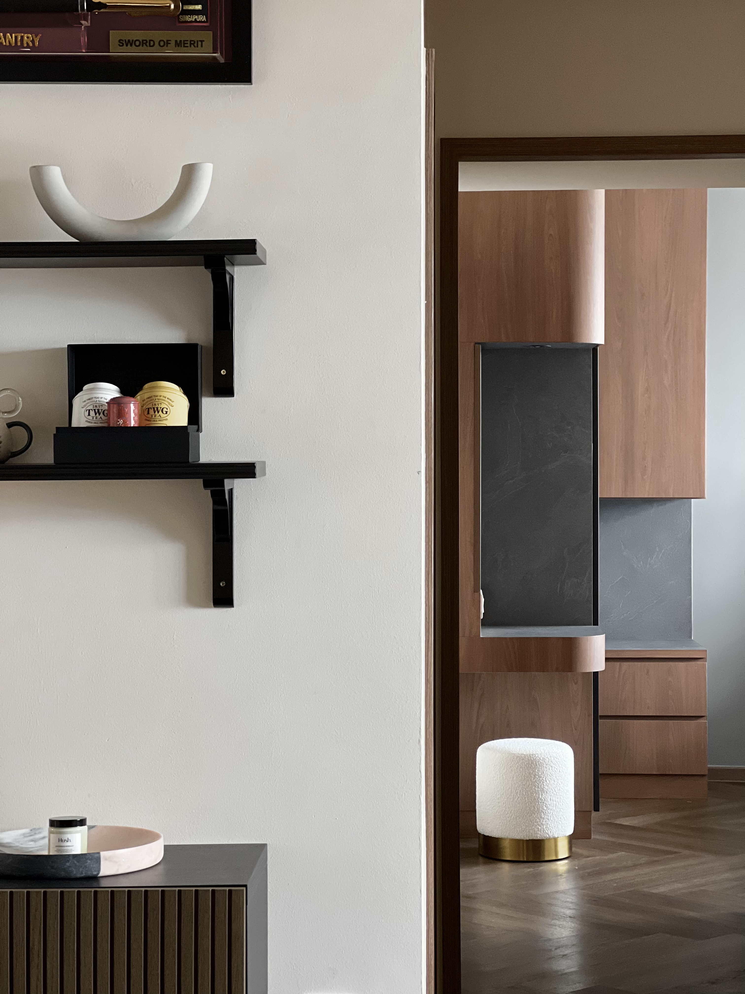 A Self-Designed (Zen) Home with a Reno Cost of <40k  - Shelf with decorative items, minimalist design, black and white color