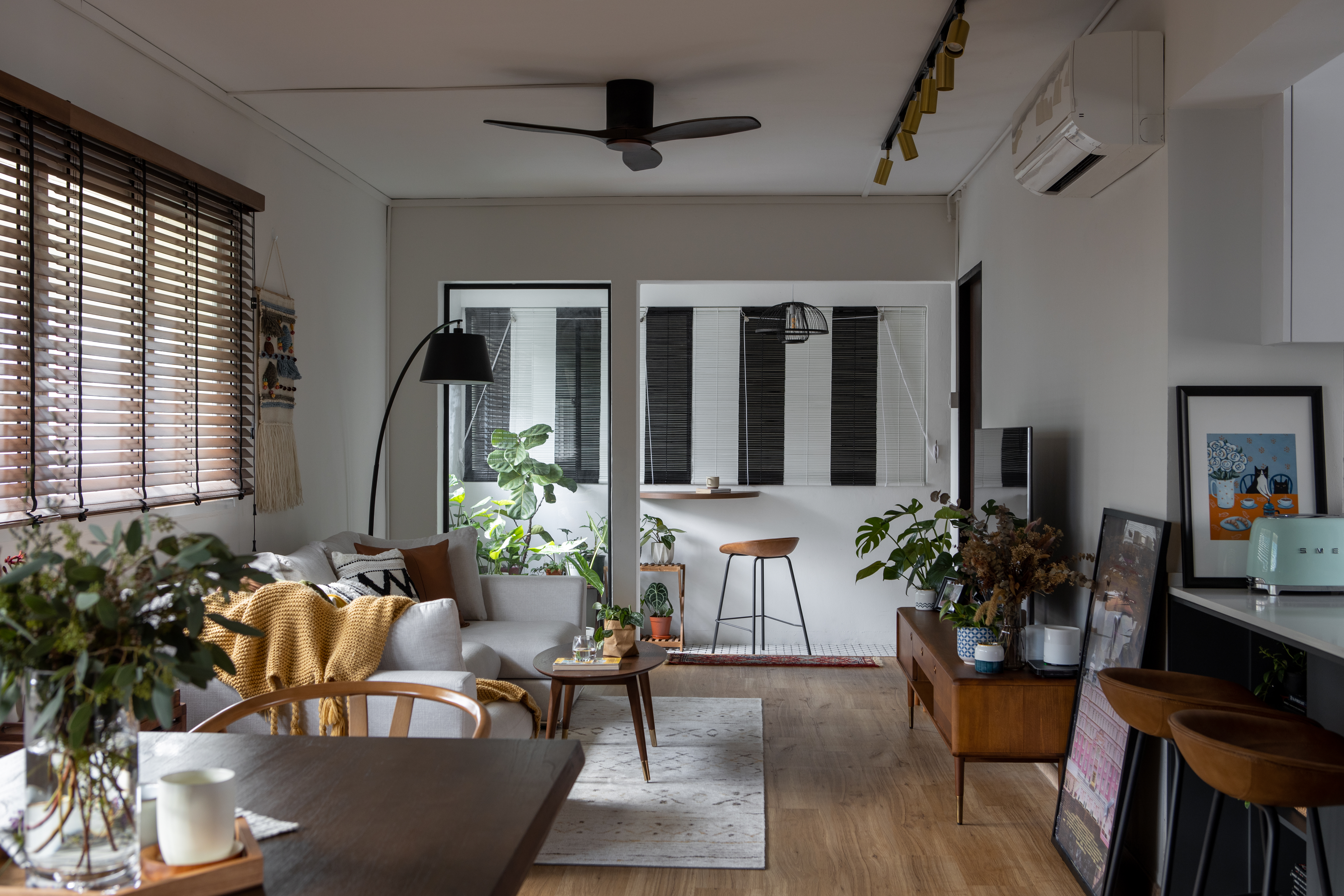 Our Mid-century Modern Inspired 4-rm Resale Flat - Modern living room with large windows, wooden floor, comfortable sofa