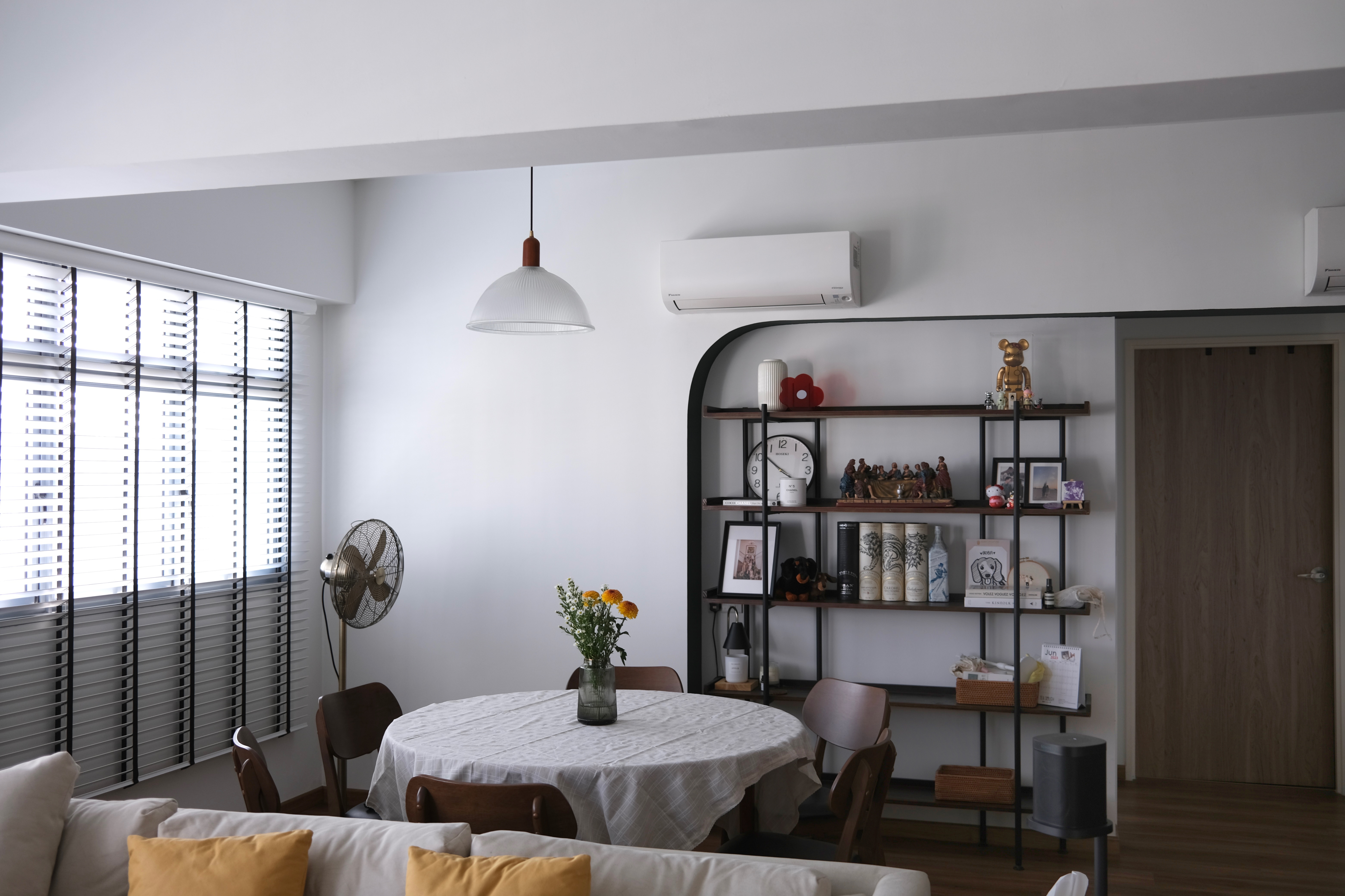 Our Mid-Century Modern home | Renovated under 40k  - Modern living room, minimalist decor, white walls, large window, blinds