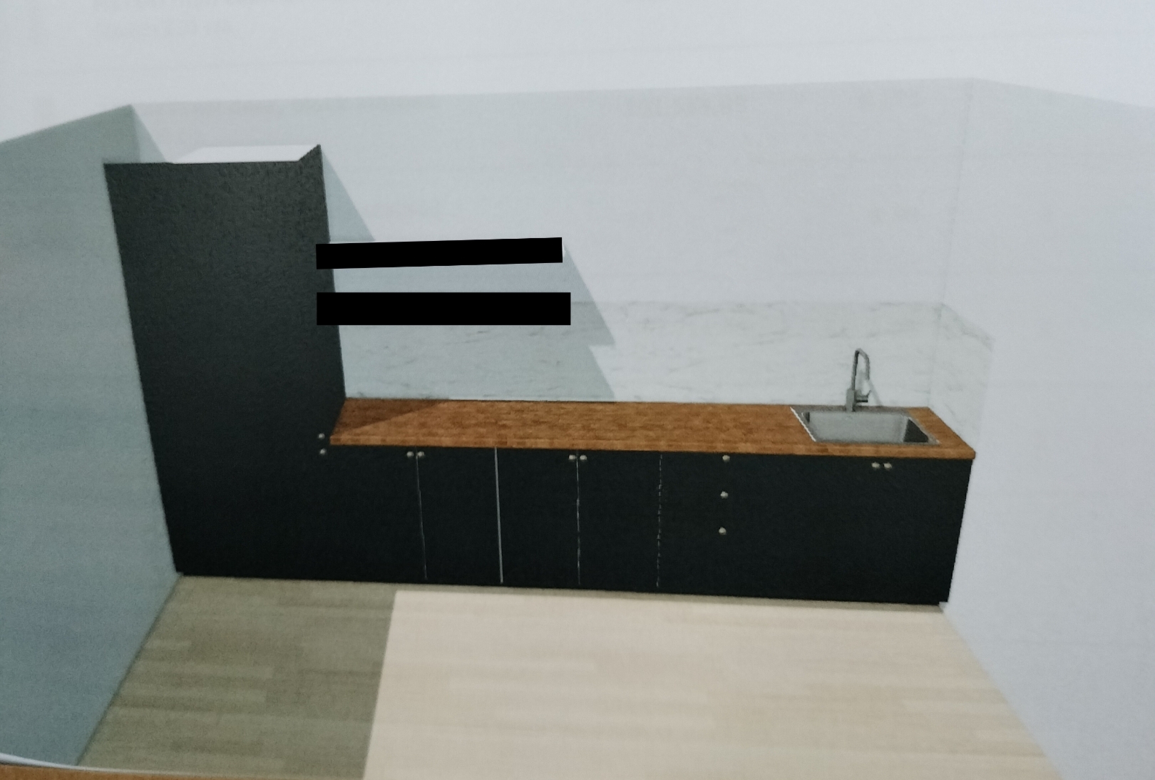 The kitchen - modern kitchen cabinetry, minimalist design, black and wood contrast, sleek countertop, integrated sink