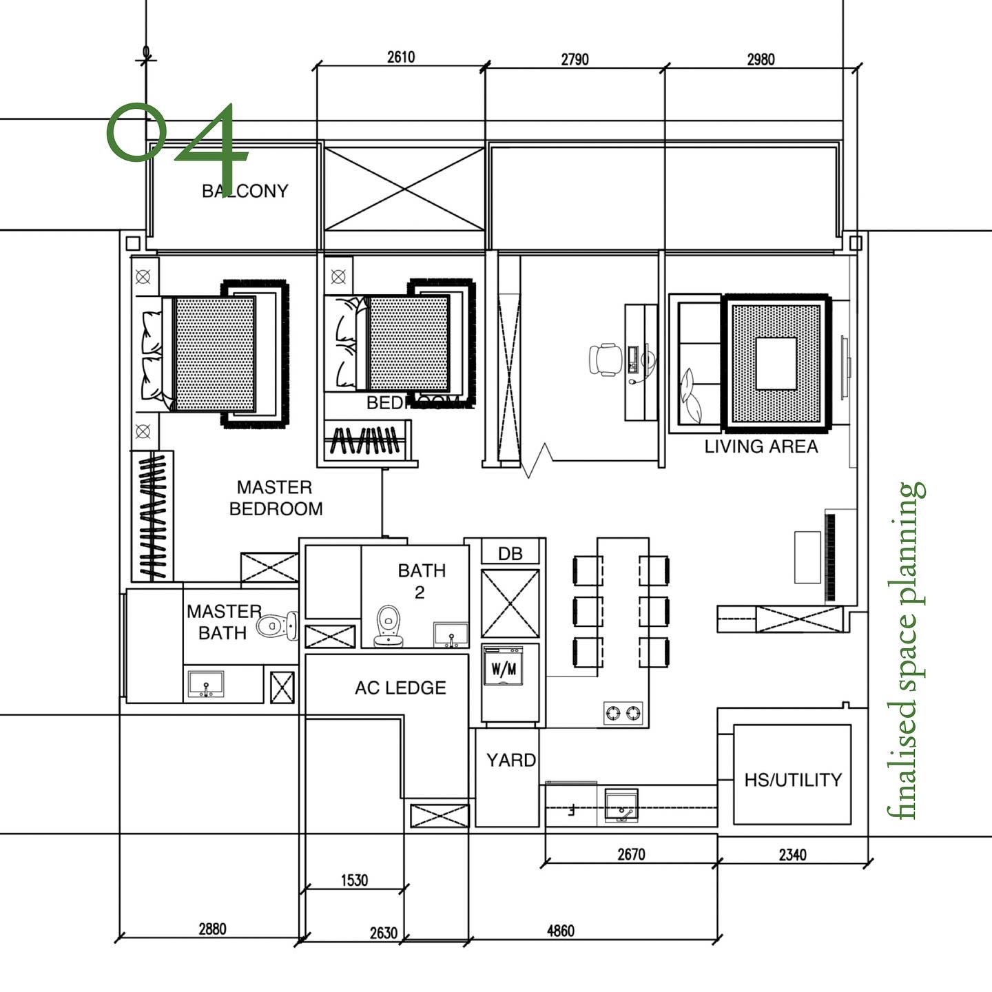 Maximising 1,109sqft - Our open-concept space planning - balcony, master bedroom, master bath, living area, ac ledge, yard