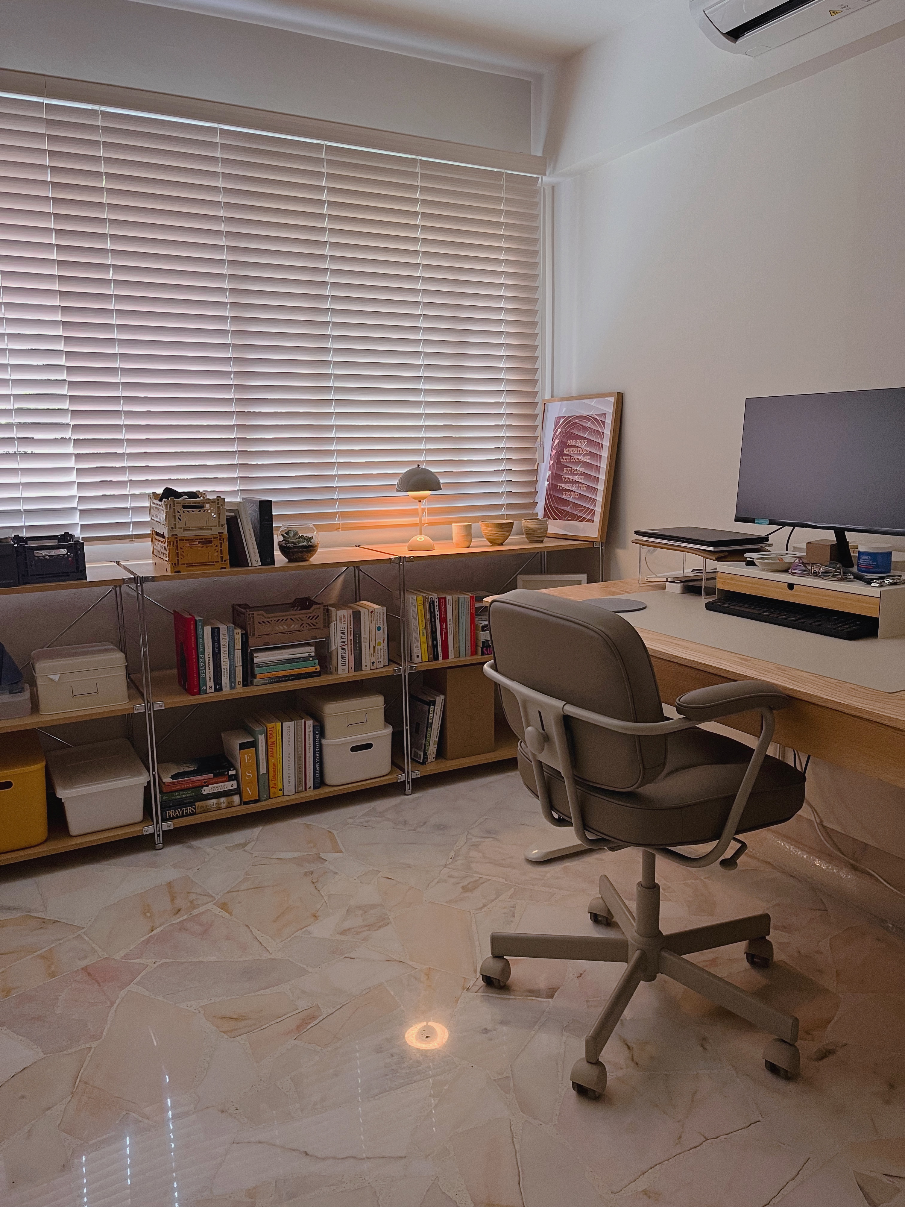 Facelift for a 90s resale flat & its 30y/o marble floors - Wooden desk, modern office, workspace, ergonomic chair, bookshelf