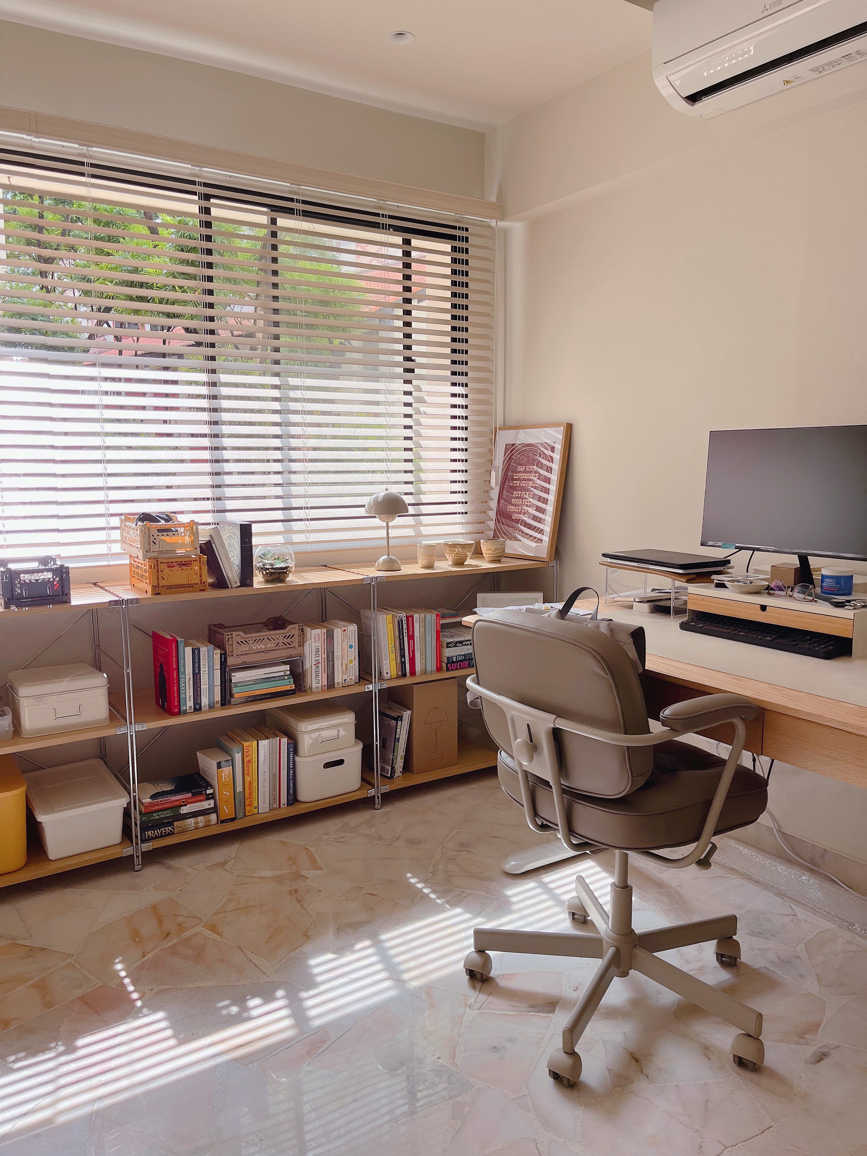 Facelift for a 90s resale flat & its 30y/o marble floors - Sunlight streaming through window, white blinds partially open
