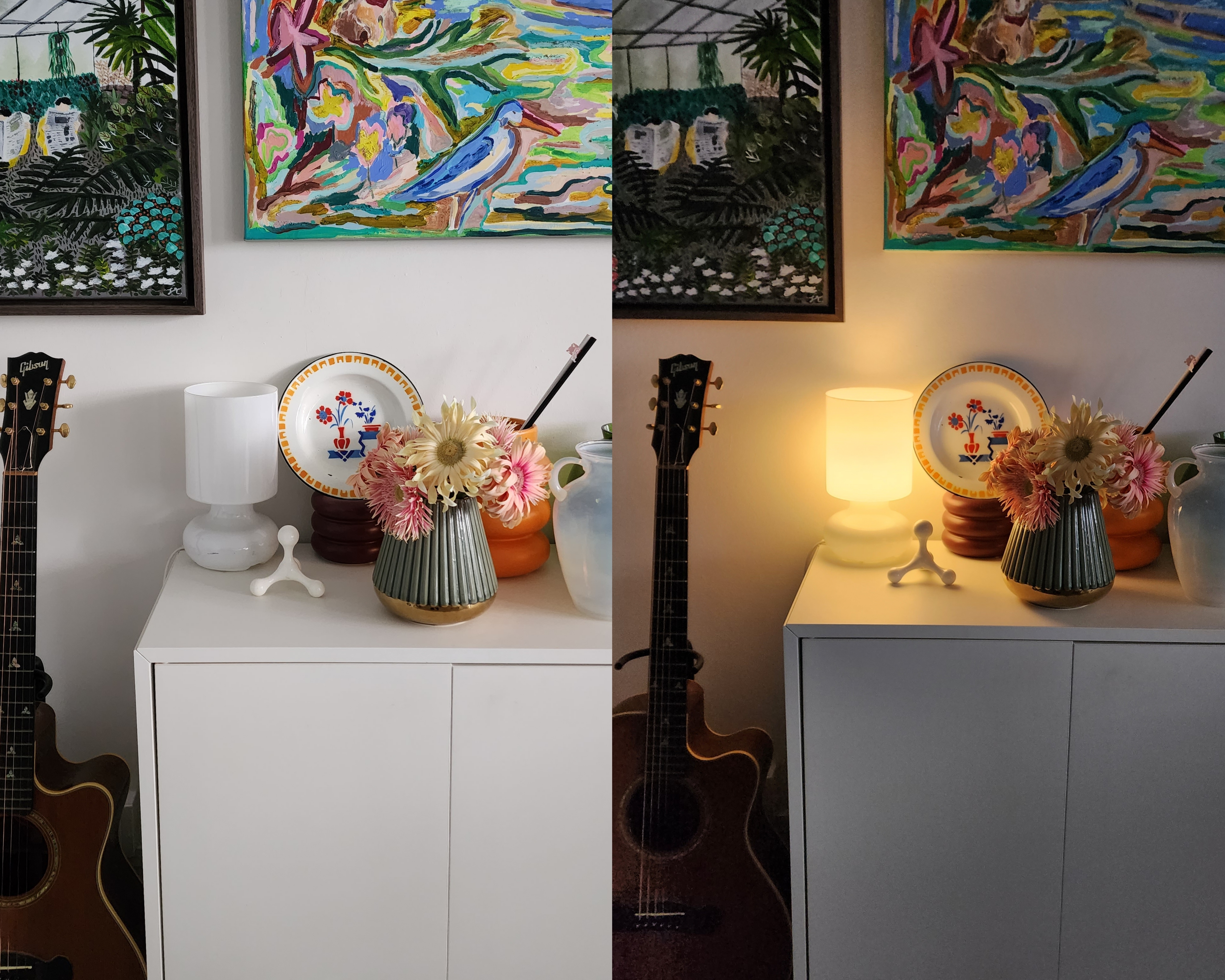 5 Lighting Ideas to Create Mood in your Home - vibrant abstract painting, colorful birds, lush greenery, abstract landscape