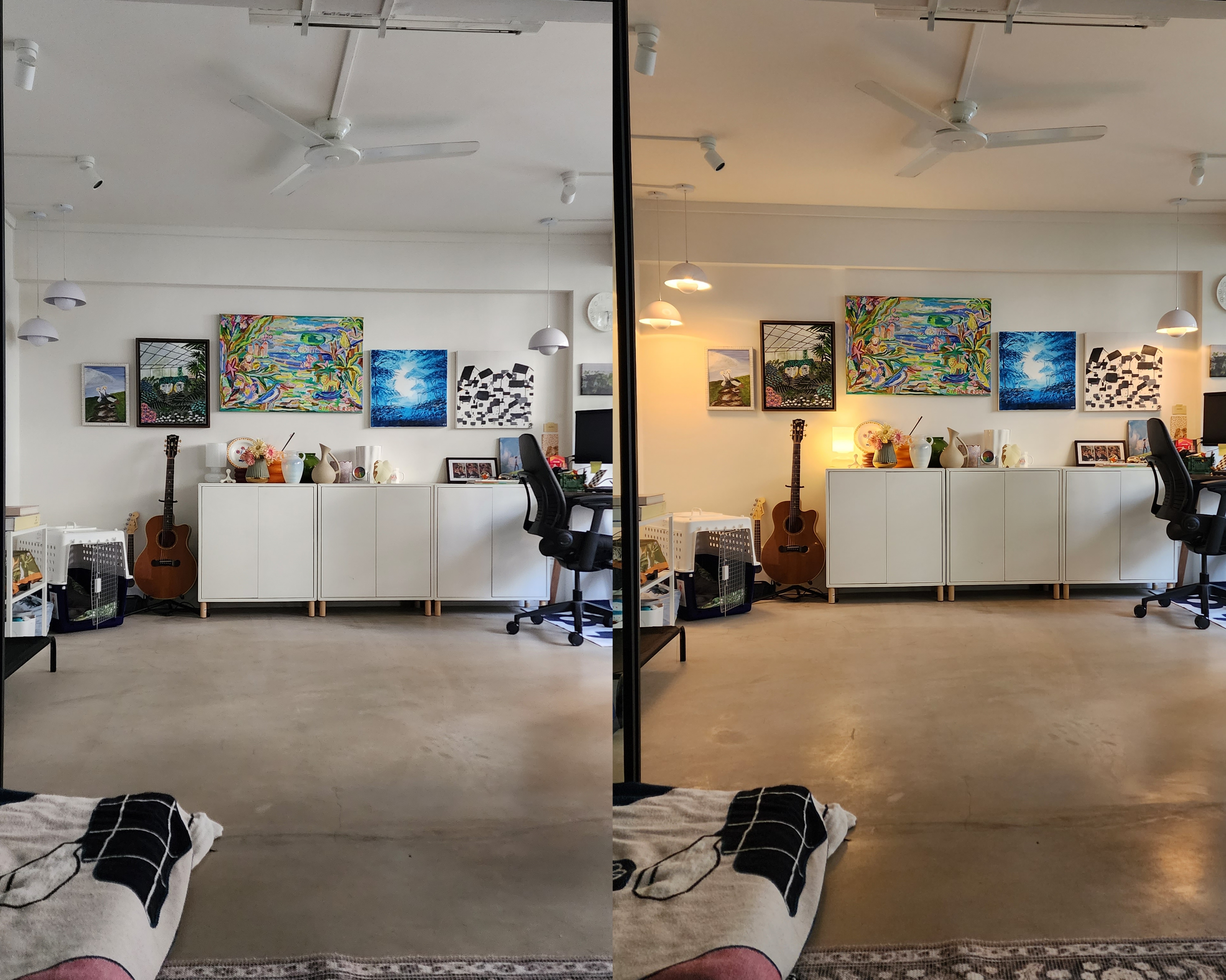 5 Lighting Ideas to Create Mood in your Home - Modern home office, minimalist decor, white cabinets, colorful paintings