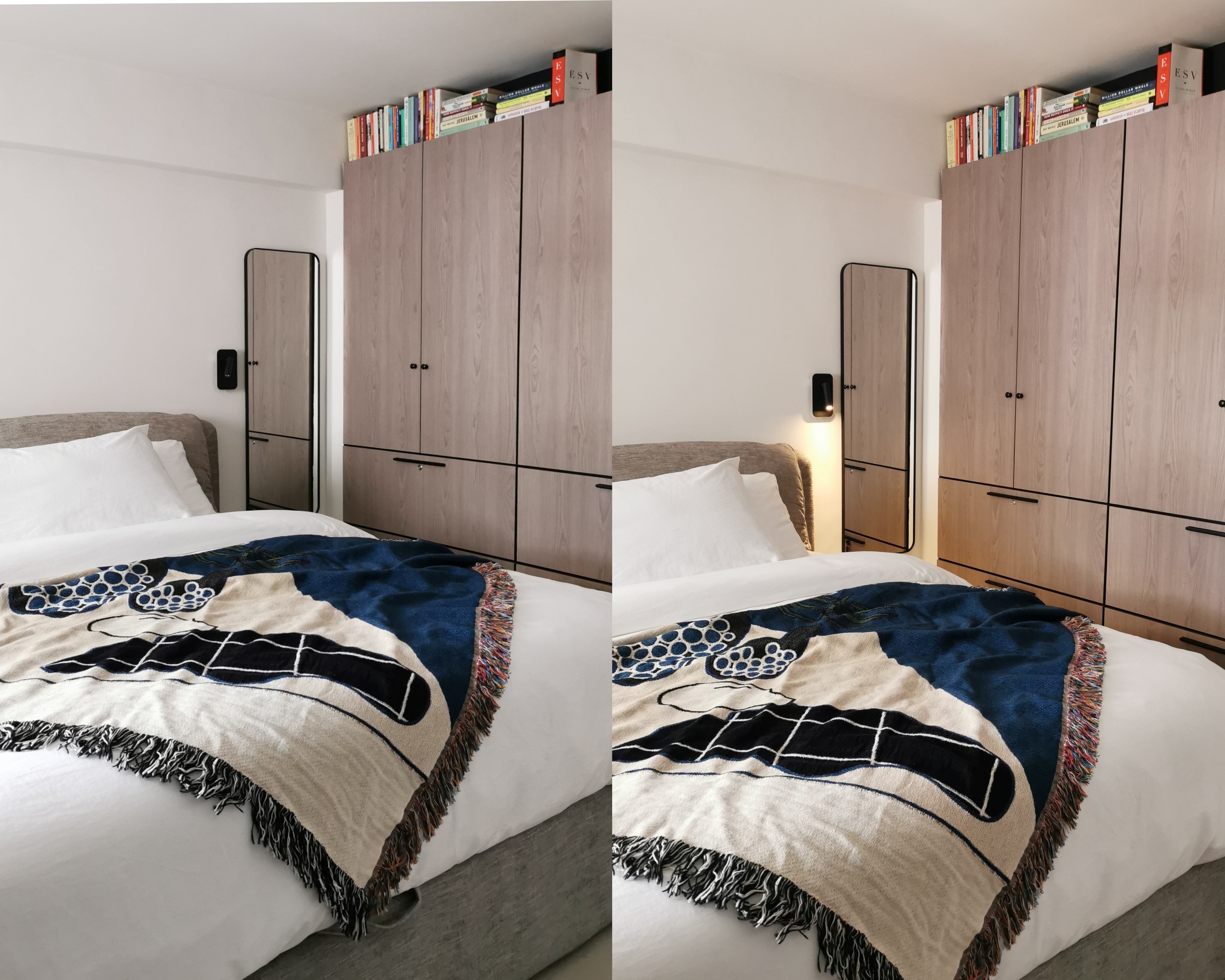 5 Lighting Ideas to Create Mood in your Home - Wooden wardrobe, neatly arranged books, modern bed, white pillows, blue and