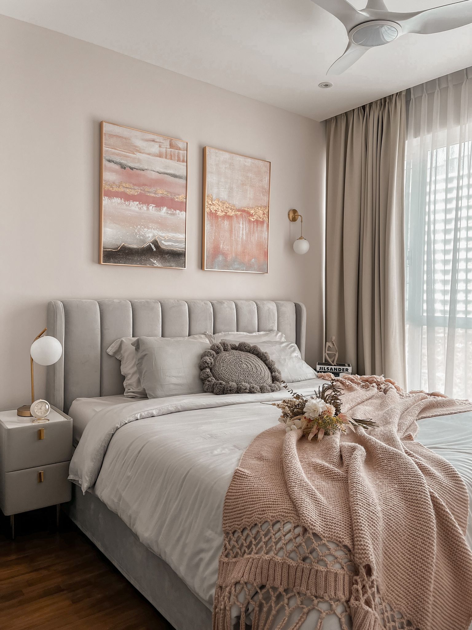 Light Luxury Family Home in the East - modern bedroom, cozy bed, gray upholstered headboard, soft beige bedding, white