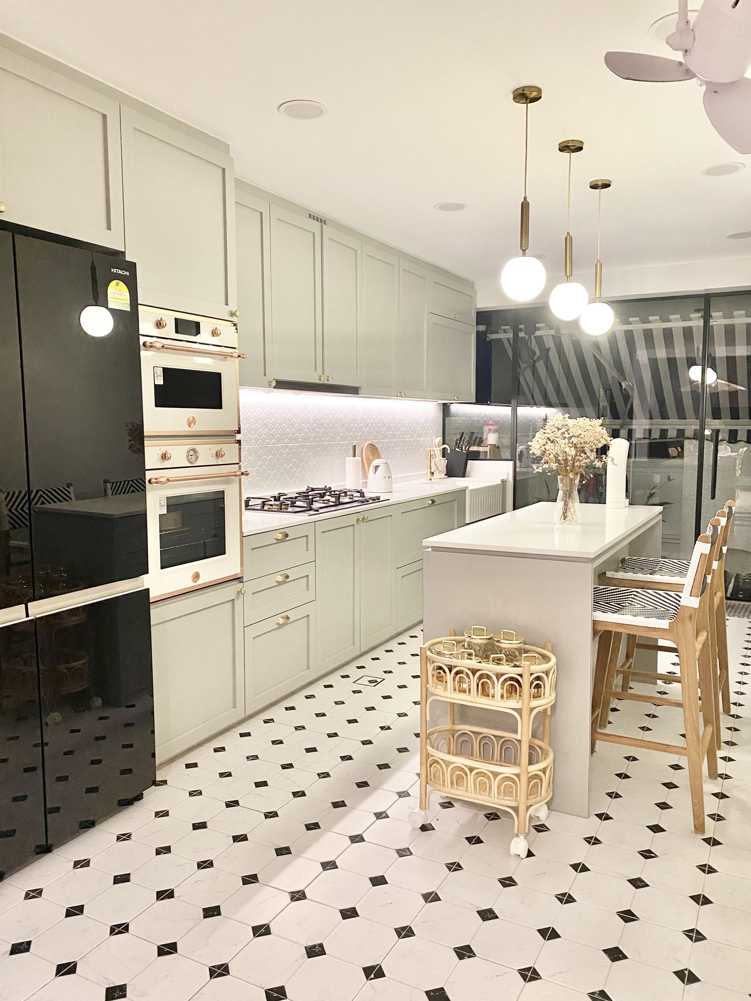 A Black & White Scandi, Peranakan and Colonial-inspired Inter-terrace - black and white tiled floor, modern kitchen design