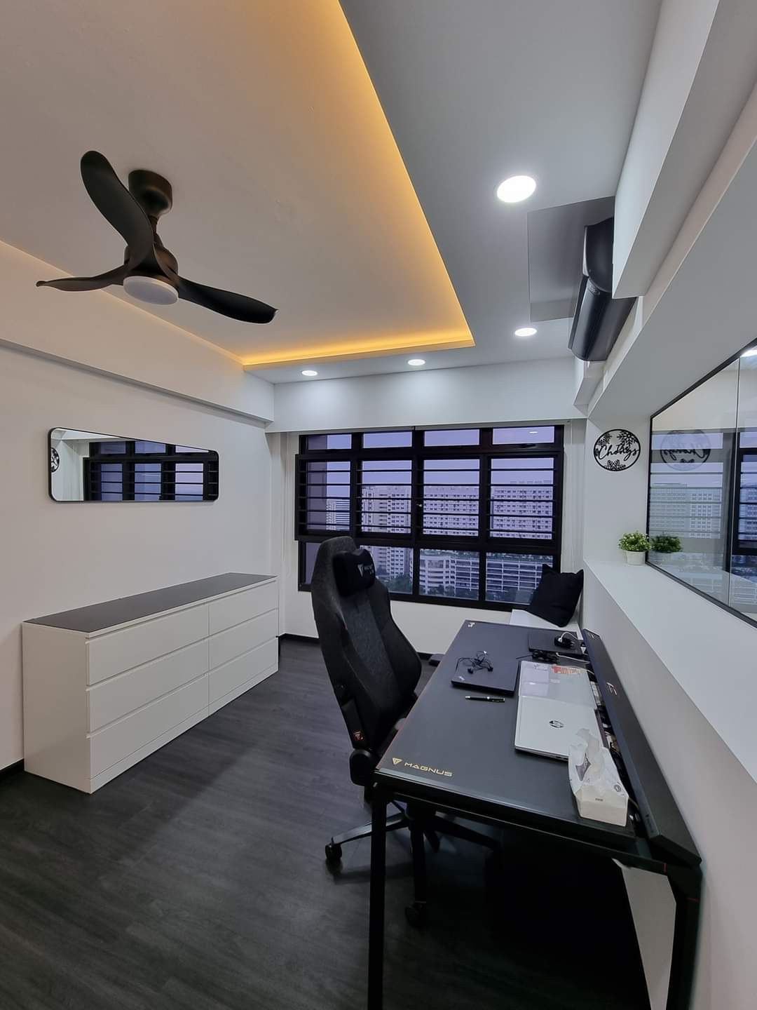 Our Beautiful Black & White - Modern office space, sleek desk, black office chair, large window, minimalist decor, ceiling
