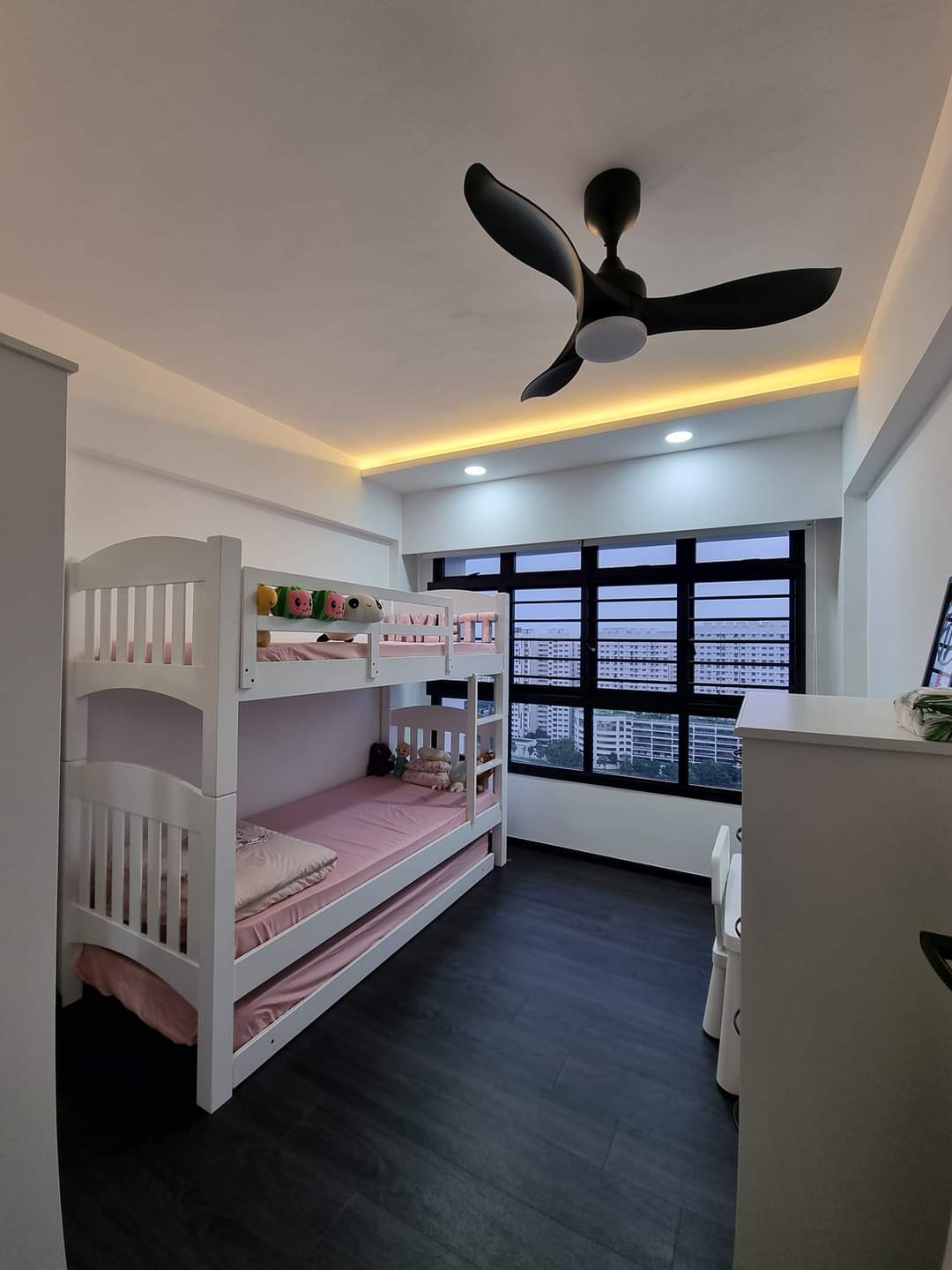 Our Beautiful Black & White - Modern children's bedroom with bunk beds, white wooden frame, pink bedding, soft lighting