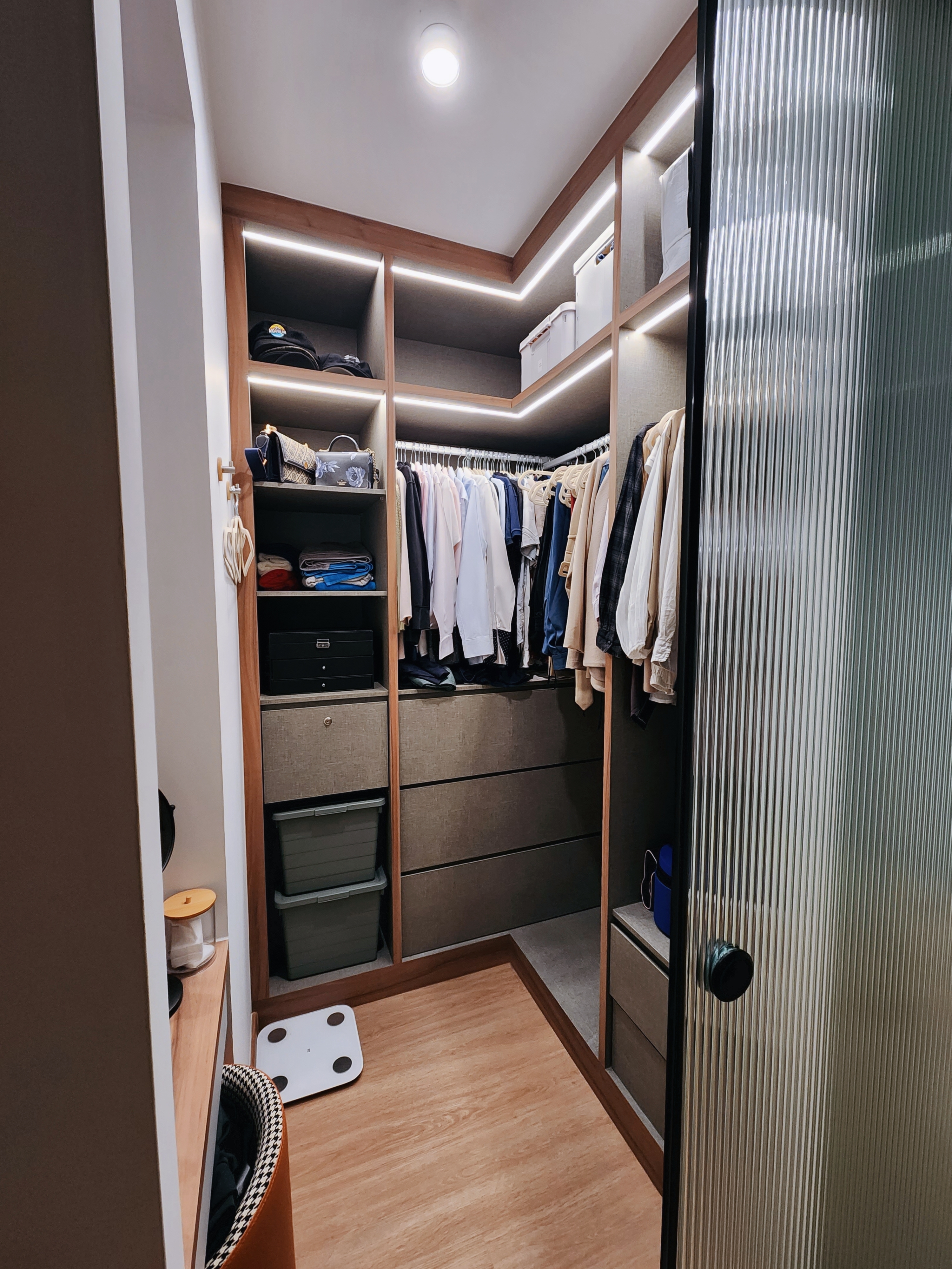 It's a dream come true! Walk in Wardrobe in a 4-rm BTO Masterbedroom - Wooden wardrobe with integrated shelving, illuminated