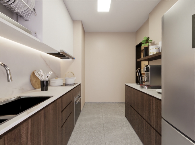 Kitchen's BEFORE/AFTER - Modern kitchen with sleek design, stainless steel appliances, white countertops, wooden cabinets